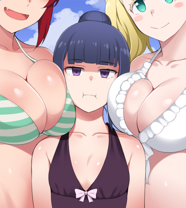 3girls aizawa_tomo annoyed bikini black_hair blonde_hair breast_envy breast_press breast_size_difference breasts carol_olston cleavage flat_chest green_eyes head_between_breasts honda_naoki jealous jealousy large_breasts misuzu_gundou multiple_girls oerba_yun_fang outdoors pettanko pouting purple_eyes purple_hair red_hair small_breasts swimsuit tomboy tomo-chan_wa_onna_no_ko