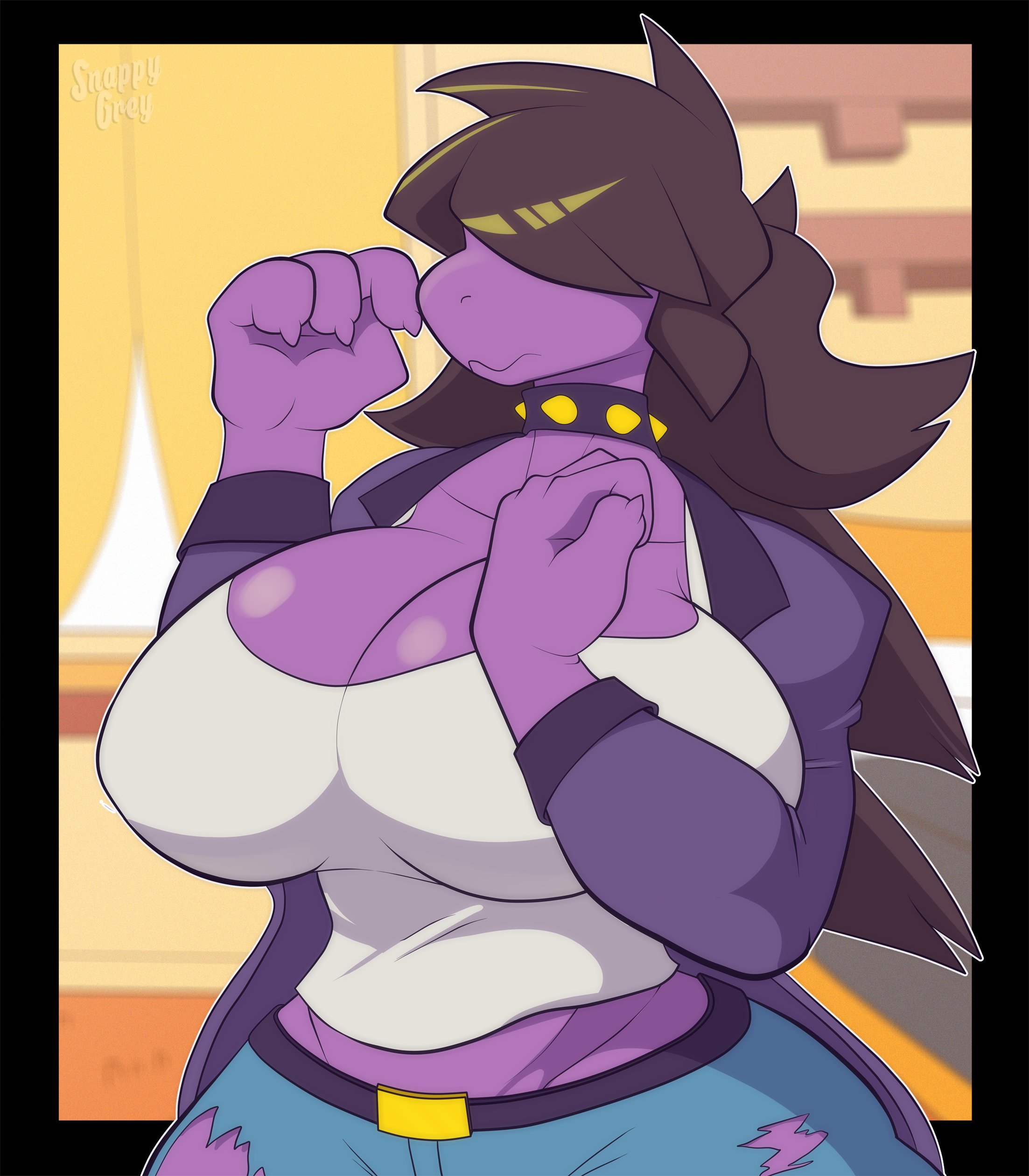 1girls, 2d, anthro, big breasts, breasts, brown hair, choker, claws, clothed, clothing, deltarune, eyes covered, female, female focus, female only, highres, huge breasts, large breasts, long hair, monster, purple skin, ripped clothing, scalie, snappygrey, solo, solo female, susie (deltarune), tagme