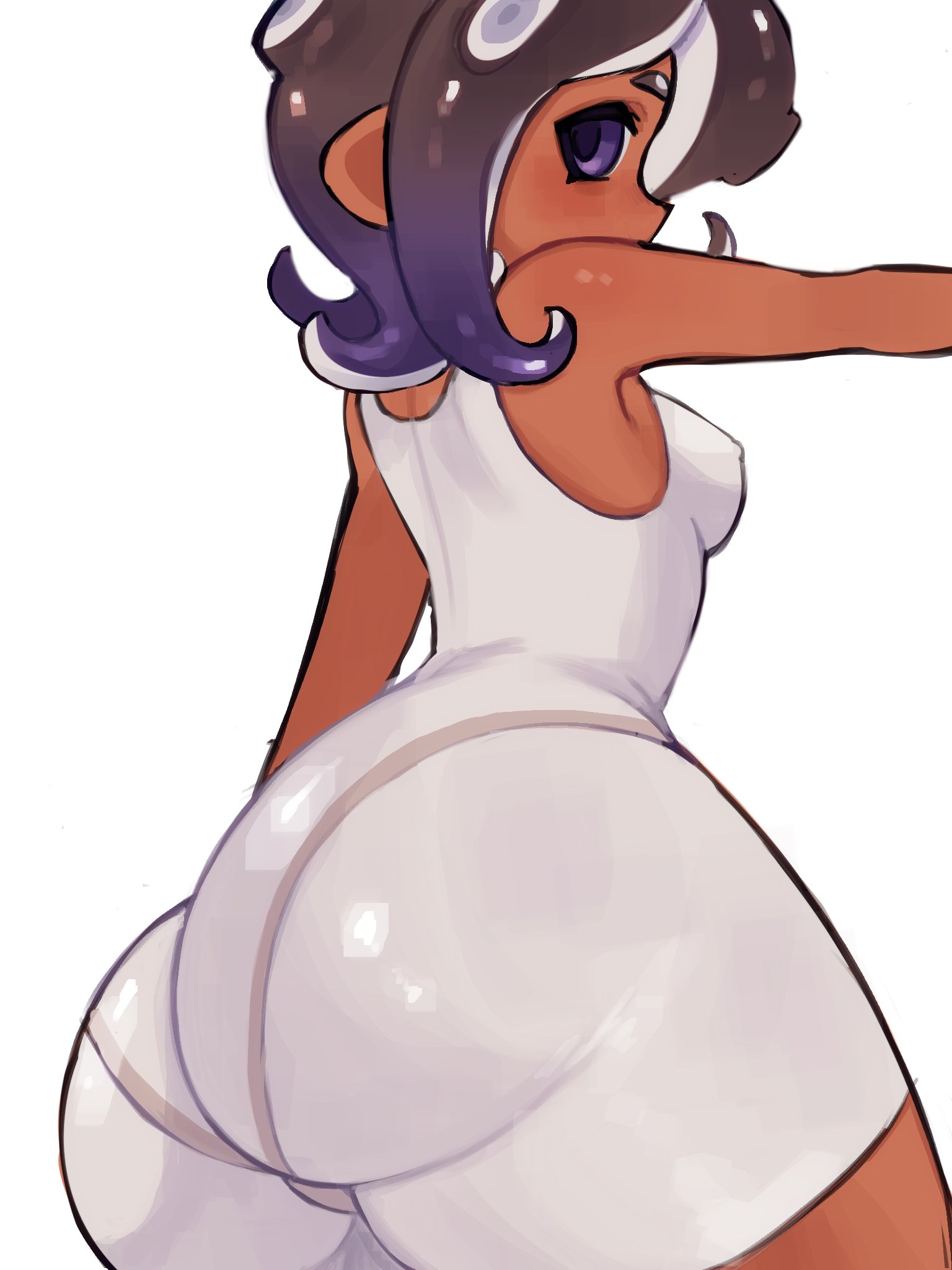 1girls, 2d, agent 8 (side order), agent 8 (splatoon), ass, big ass, brown hair, dark skin, dark-skinned female, female, female focus, female only, highres, looking at viewer, looking back, octoling, short hair, solo, solo female, splatoon, splatoon (series), splatoon 3, splatoon 3: side order, tagme, thick thighs, thighs, viewed from behind