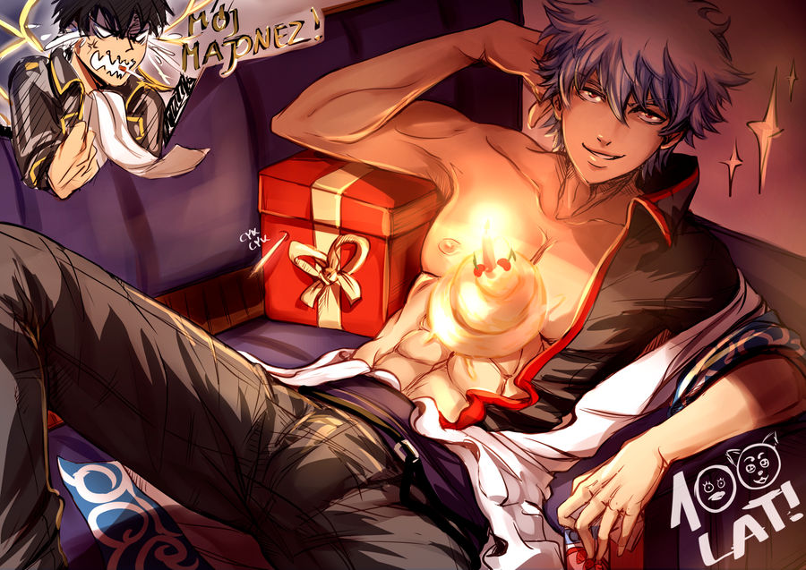 2boys abs bare_chest bedroom_eyes cake candle cherryinthesun food gintama gintoki_sakata happy_birthday hijikata_toshiro kimono looking_at_viewer male male_only mayonnaise milk milk_carton open_clothes open_kimono open_shirt posing present seductive_smile smile sofa solo_focus spread_legs toned toned_male yaoi yukata