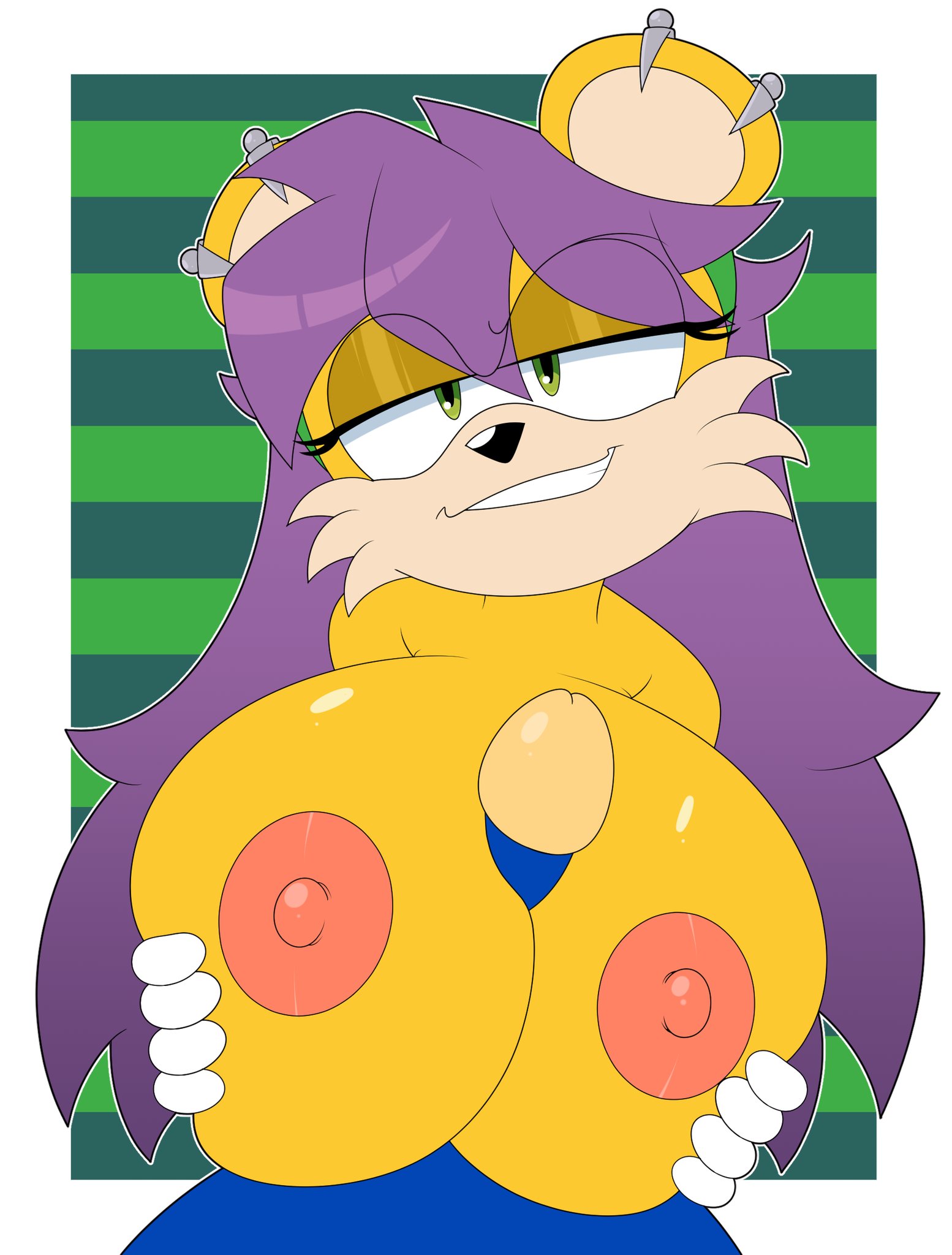 1boy, 1girls, accessory, anthro, anthro on anthro, archie comics, big breasts, big penis, black nose, blakeynsfw, blue penis, breasts, ear piercing, ear ring, earrings, eyelashes, female, fur, furry, gloves, green eyes, grin, grinning at viewer, hedgehog, holding breasts, huge breasts, long hair, male, mammal, mina mongoose, mongoose, multicolored body, multicolored fur, narrowed eyes, nipples, paizuri, penis, penis between breasts, piercing, purple hair, seductive, sega, sonic (series), sonic the hedgehog, sonic the hedgehog (archie), sonic the hedgehog (comics), sonic the hedgehog (series), two-tone fur, yellow body, yellow fur, yellow skin