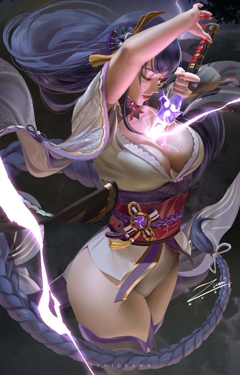 big_breasts genshin_impact highres kimono purple_hair raiden_shogun sword zumi