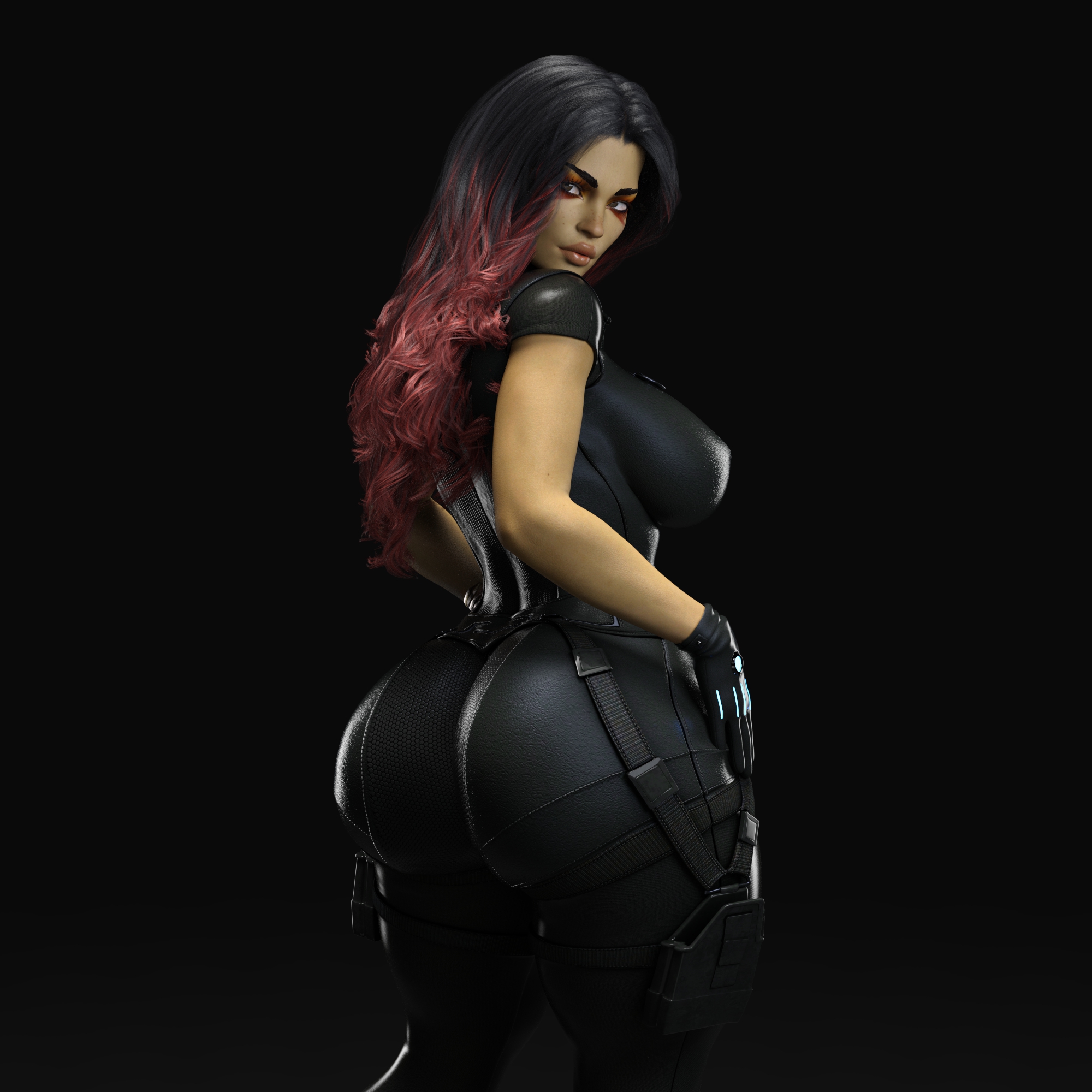 3d, apex legends, ass, big ass, big breasts, bottom heavy, breasts, bubble ass, curvaceous, curvy, dark skin, dark-skinned female, female, gm studios, hourglass figure, huge ass, large ass, loba (apex legends), narrow waist, red hair, respawn entertainment, round ass, small waist, tactical gear, thick, thick ass, thick thighs, two-tone hair, wide hips