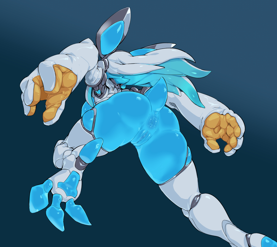 1girls, android, animal ears, anus, aqua hair, ass, back, blue anus, blue pussy, blue skin, breasts, bunny ears, bunny tail, censored, colored skin, female, hi res, high resolution, highres, hybrid, looking at penis, male, mosaic censoring, multicolored hair, one leg up, original, penis, pochincoff, pussy, robot, robot girl, silver hair, tail, tail asshole, translucent, two-tone hair, una (pochincoff), white hair