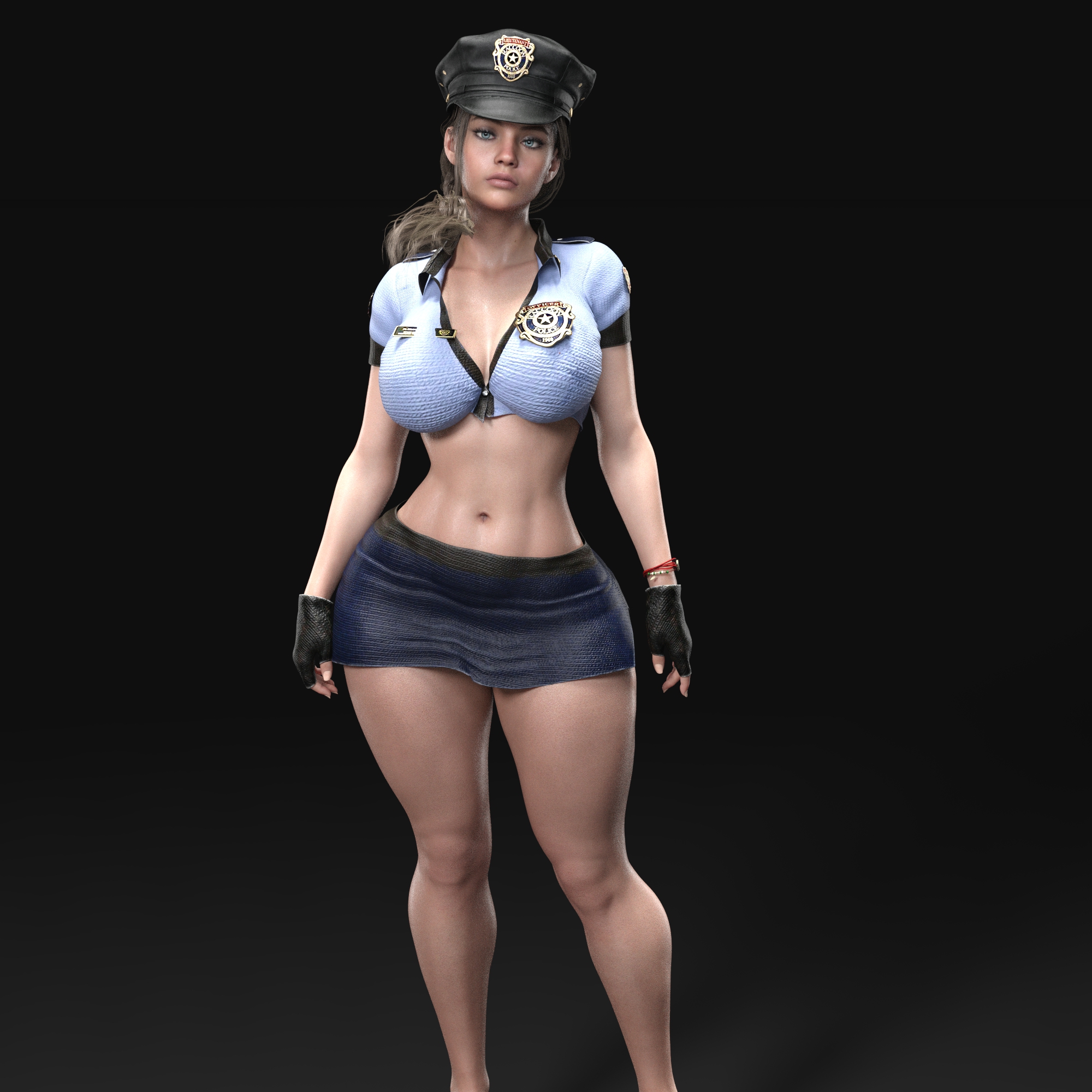 3d, ass, big ass, big breasts, blue eyes, bracelet, breasts, brown hair, busty, capcom, claire redfield, claire redfield (jordan mcewen), curvaceous, curvy, curvy body, curvy female, curvy figure, female, female focus, female only, gm studios, holster, hourglass figure, long hair, navel, necklace, police, police hat, policewoman, ponytail, pose, posing, resident evil, resident evil 2, resident evil 2 remake, shiny skin, skirt, solo, standing, tagme, thick thighs, thigh holster, tied hair, voluptuous, voluptuous female, wide hips