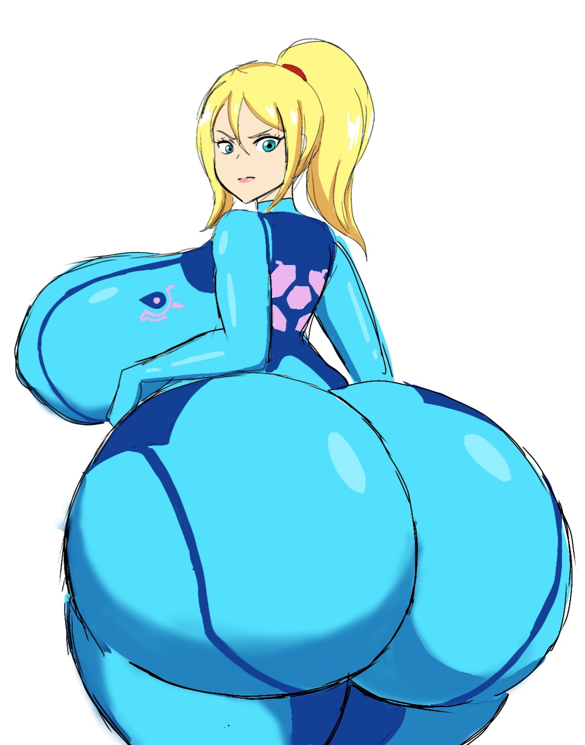 1girls, ass, ass bigger than head, back view, big ass, big breasts, big butt, breasts, breasts bigger than head, bubble ass, bubble butt, fat ass, fat butt, female, huge ass, huge breasts, huge butt, metroid, momiji (artist), samus aran, thick ass, zero suit, zero suit samus