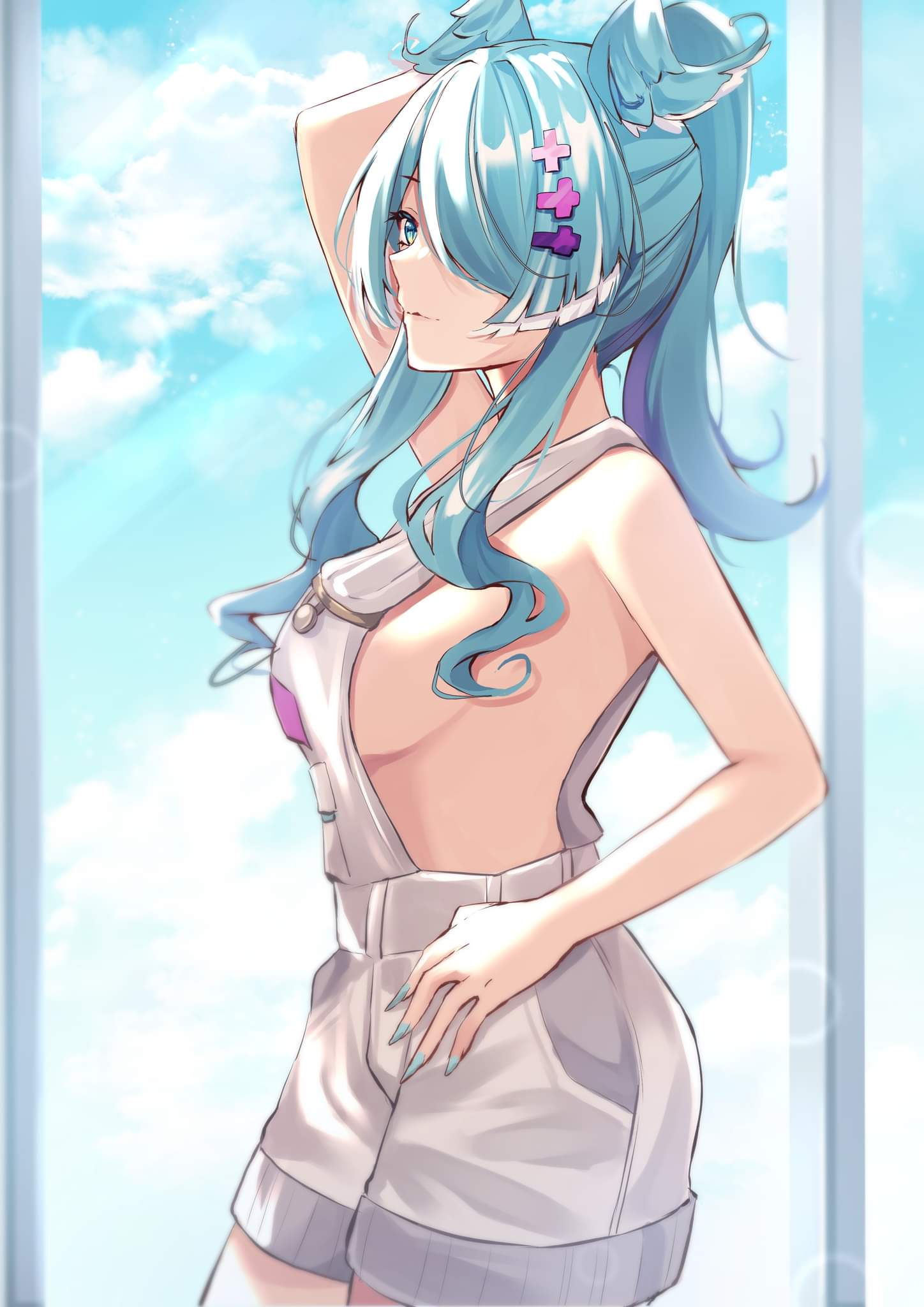 1girls arm_up blue_hair breasts clouds elira_pendora female female_only hair_over_one_eye hand_on_hip haruuukuma head_wings light-skinned_female light_skin naked_overalls nijisanji nijisanji_en overalls overalls_only painted_nails ponytail sideboob solo virtual_youtuber window