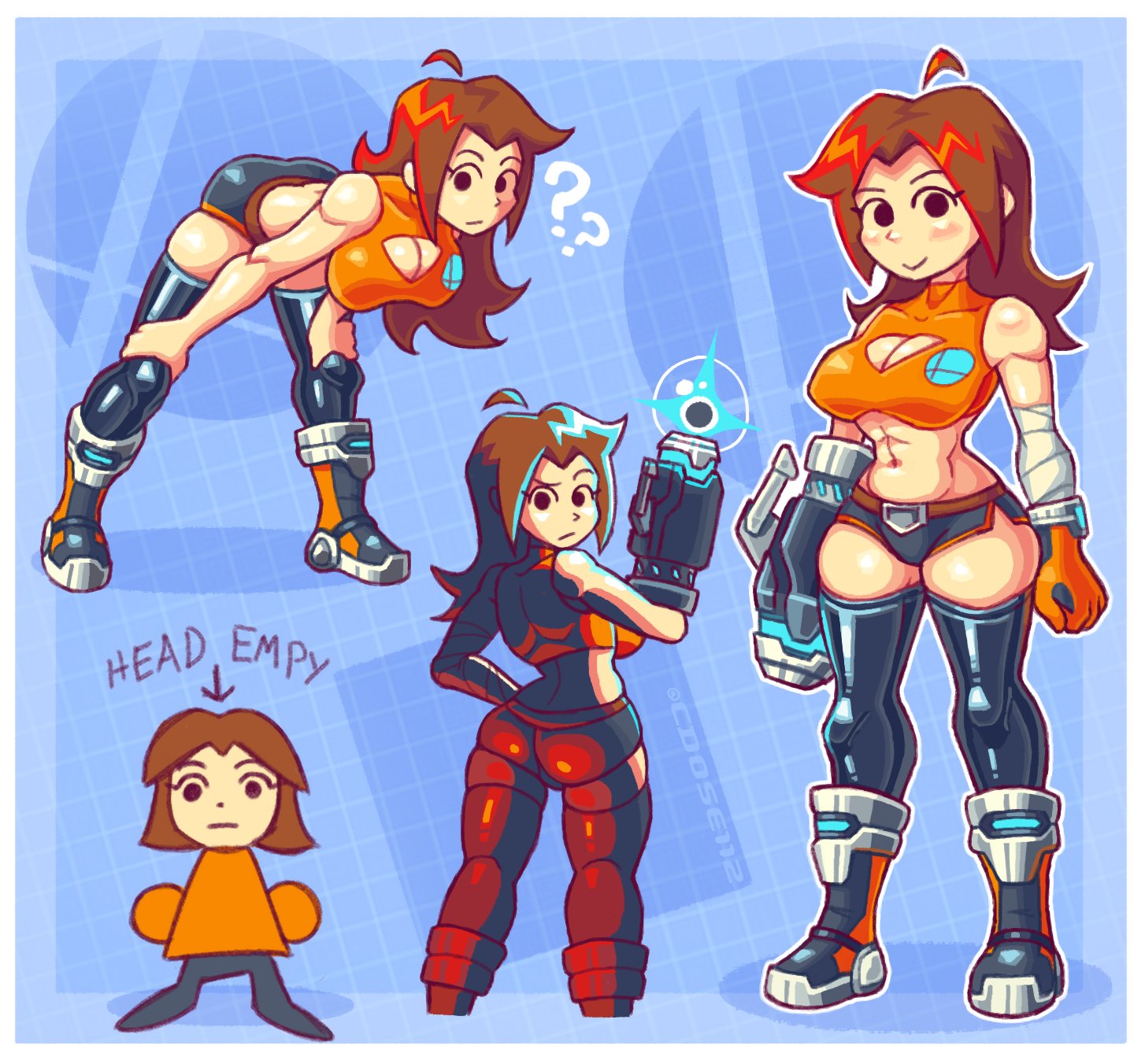 ??, 1girls, abs, ahoge, arm cannon, ass, ass up, back, bandage, blue background, blush, boots, breasts, brown hair, cannon, cdose112, clavicle, cleavage, cleavage cutout, dot eyes, dot nose, female, full body, gloves, hanging breasts, latex, latex thighhighs, leaning forward, leg grab, long hair, looking at viewer, looking back, medium breasts, mii, mii gunner, mii gunner (smash 4), mob face, muscular, muscular female, navel, nintendo, orange shirt, posing, shiny skin, short shorts, sidelocks, skin tight, smash logo, smile, solid eyes, solo, solo female, super smash bros., thigh clothes, thighhighs, zettai ryouiki