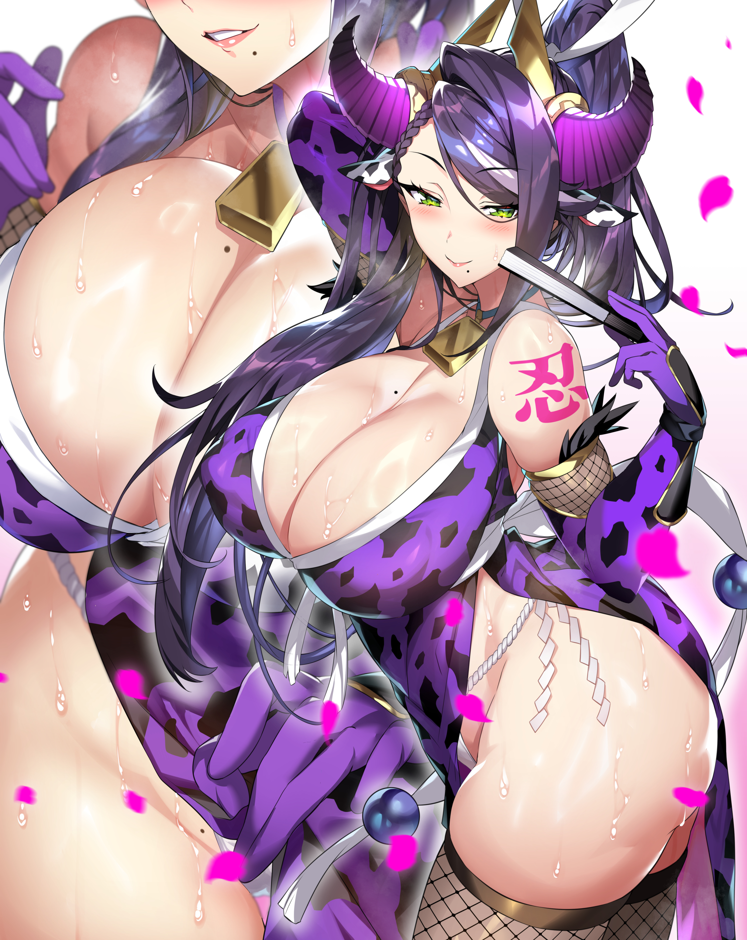 1girls, aurora (bunnystein fantasy), beauty mark, blue lipstick, breasts, bunnystein fantasy, cleavage, female, gan (shanimuni), high resolution, hips, horns, huge breasts, long hair, massive breasts, mature female, milf, mole under mouth, purple eyes, purple hair, shoulder tattoo, sweat, sweaty body, thick thighs, thighs, wide hips