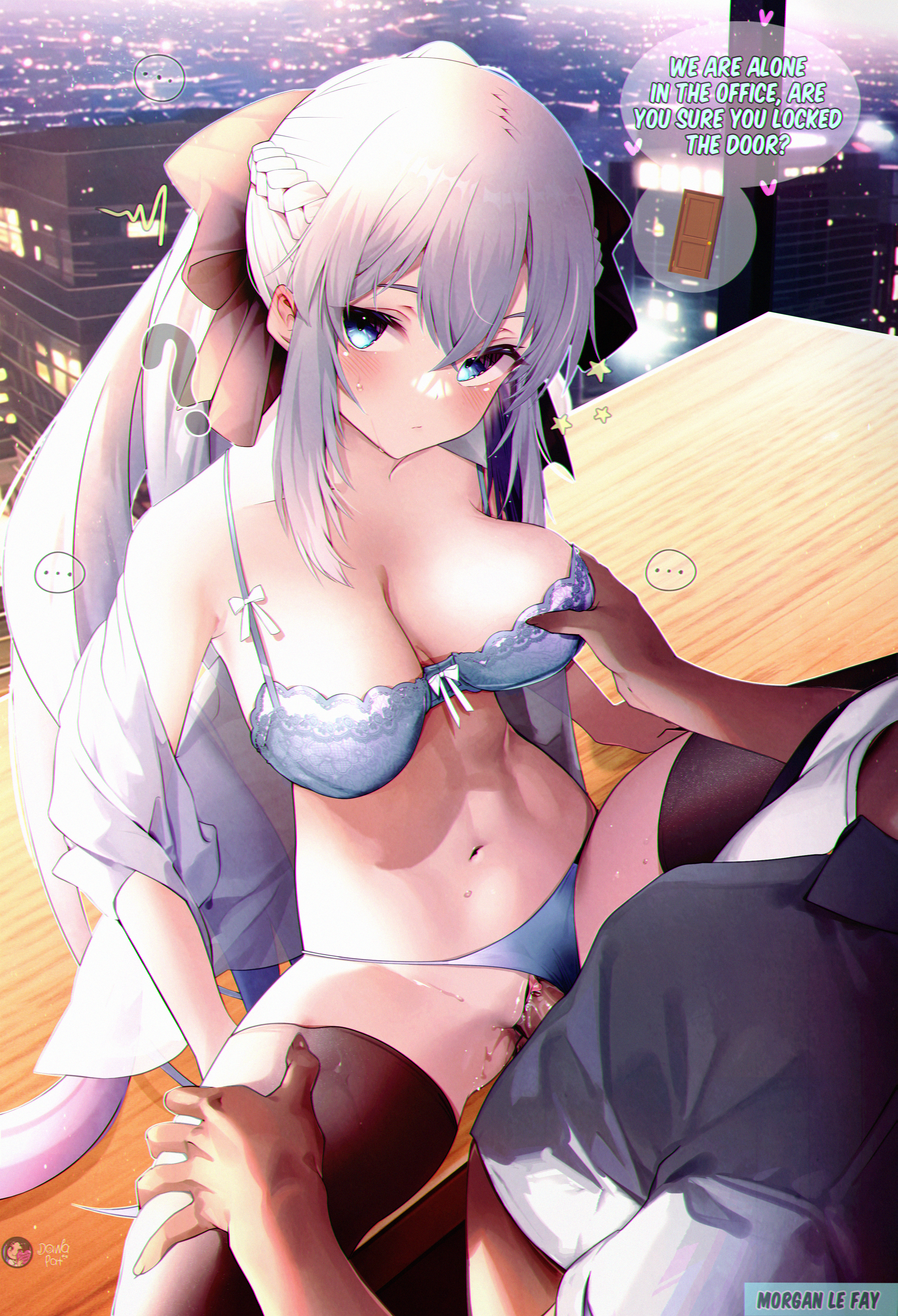 ?, ..., 1boy, 1girls, bad id, bare shoulders, belly, big breasts, black legwear, black thighhighs, blue bra, blue eyes, blue panties, blue underwear, blush, bra, breast grab, breasts, cleavage, clitoris, clothing, dawapat, ear blush, embarrassed, english text, fate (series), fate/grand order, female, hair ribbon, hand on breast, hand on thigh, indoors, legs, legwear, long hair, looking at viewer, male, matching underwear, morgan le fay (fate), navel, on table, open clothes, open shirt, panties, panties aside, penetration, penis, pussy, pussy juice, question mark, sex, shirt, soft breasts, spread legs, stockings, stomach, straight, text, thighhighs, tied hair, traced, traced art, underwear, unprotected sex, vagina, vaginal penetration, white hair, window