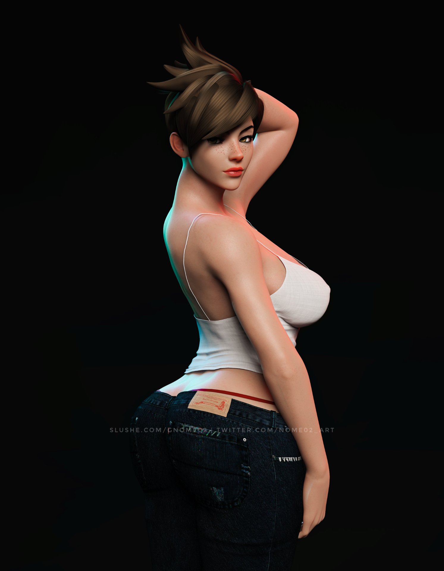 3d, ass, big ass, big breasts, breasts, female, female only, gnome02, jeans, overwatch, overwatch 2, solo, solo female, thong, thong above pants, thong straps, tracer