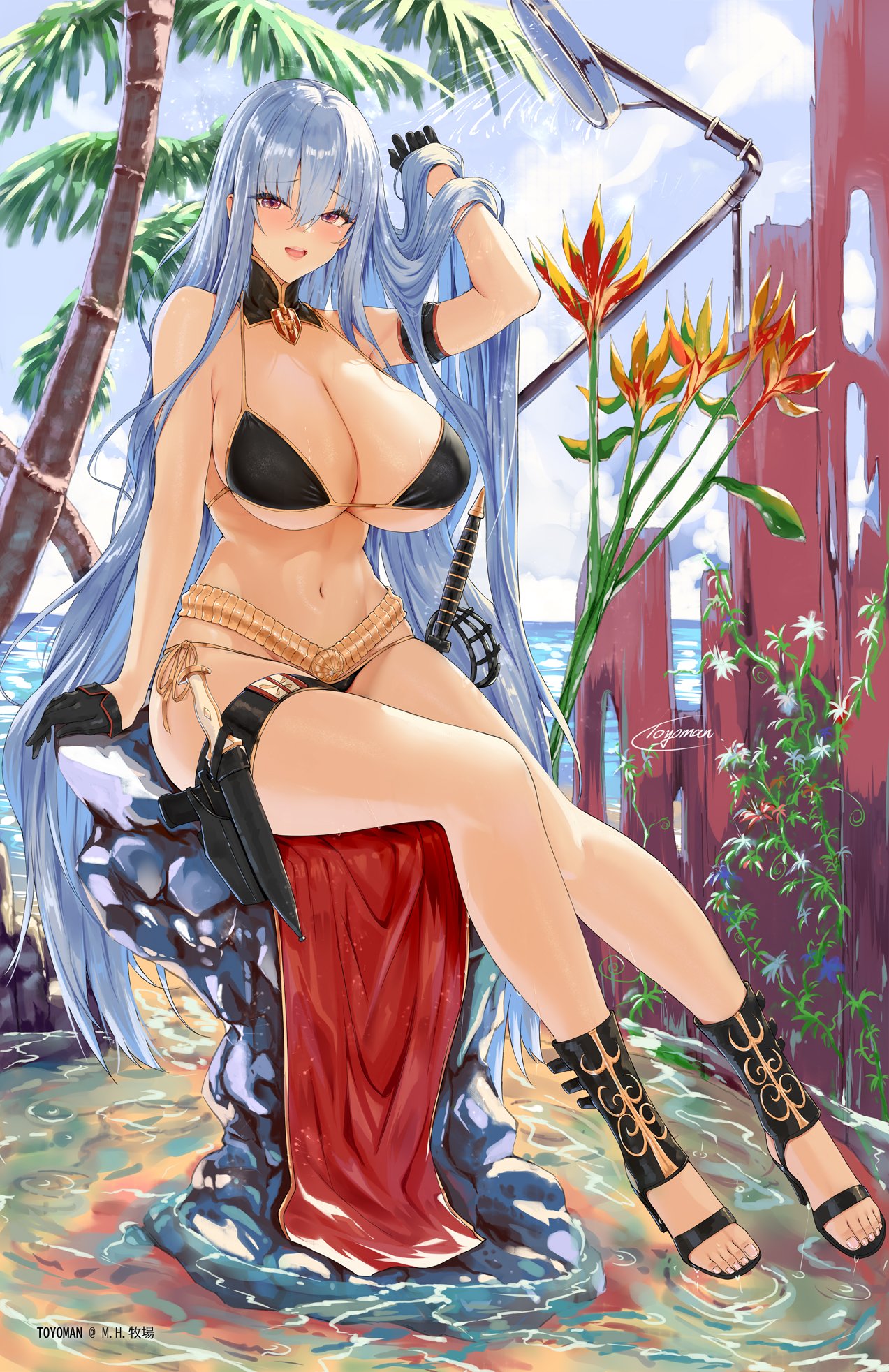 1girls background female female_only huge_breasts large_breasts light-skinned_female light_skin looking_at_viewer red_eyes selvaria_bles sitting solo swimsuit toyoman valkyria_chronicles white_hair