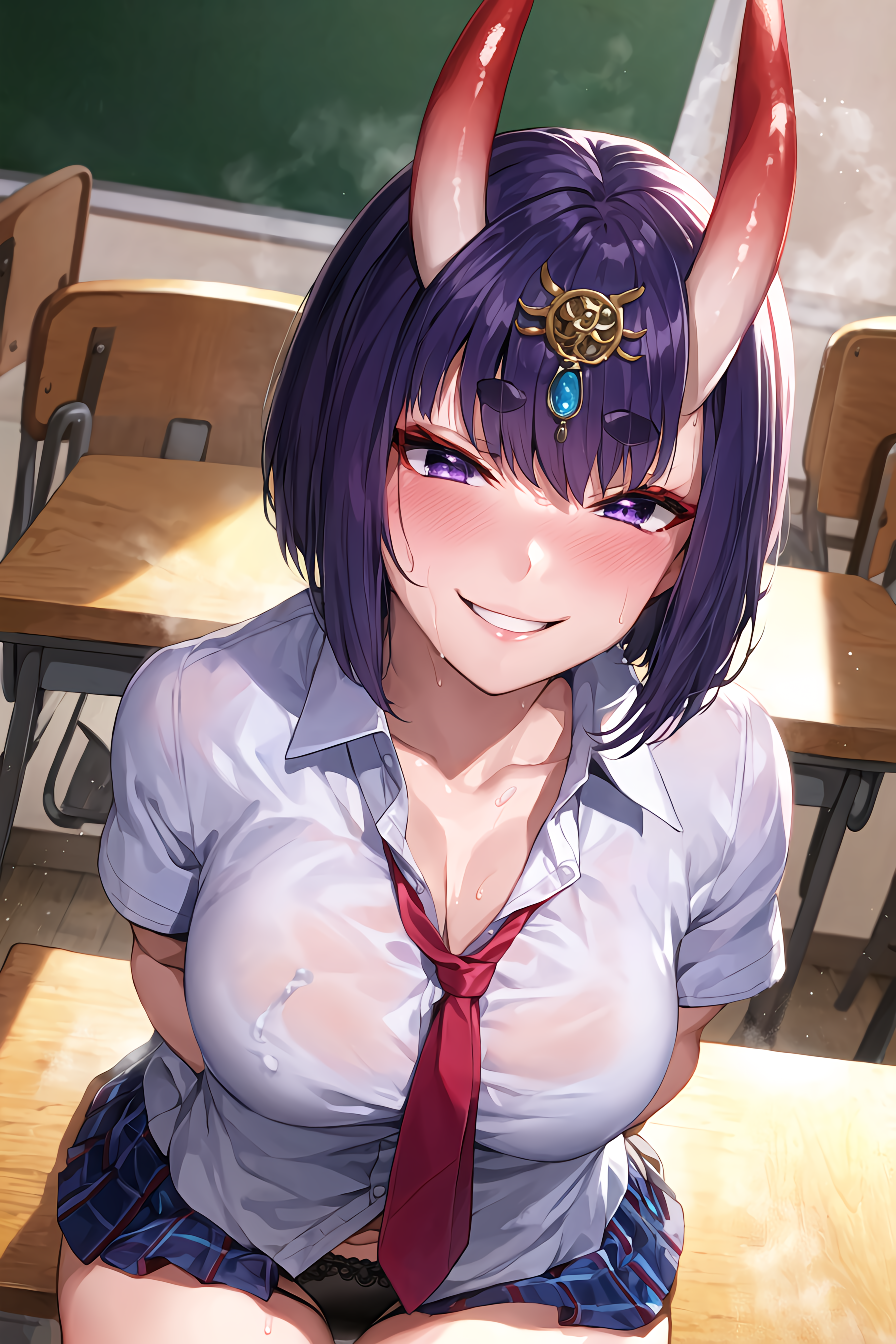 1girls, 2023, ai generated, alternate breast size, anime nose, breasts, demon, demon girl, fate (series), fate/grand order, female, high resolution, horned female, horned humanoid, horns, large breasts, light skin, light-skinned female, looking at viewer, oni, oni horns, purple eyes, purple hair, school uniform, schoolgirl, short hair, shuten douji (fate), smile, stable diffusion, thick thighs, thighs