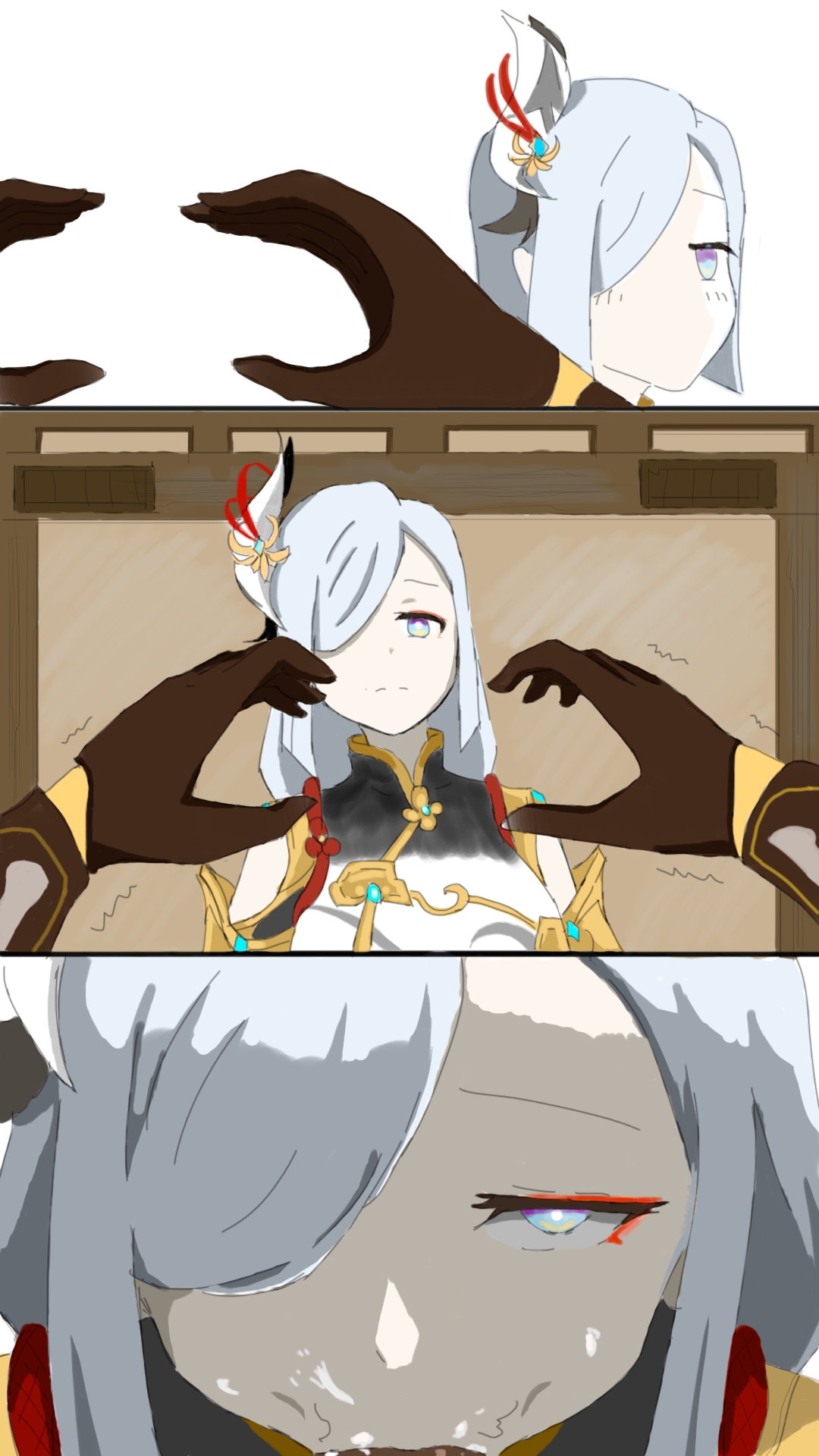 1boy, 1girls, aether (genshin impact), big breasts, blowjob, blowjob face, breasts, color, colored, drawing, female, genshin impact, long hair, looking at partner, male, sex, shenhe (genshin impact), straight, white hair