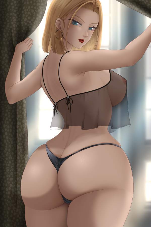 1girls android_18 areolae ass ass_focus back back_view big_ass big_breasts black_thong blonde_hair blue_eyes bottomwear breasts dat_ass dragon_ball ear_piercing earrings female female_only hair hips hoop_earrings huge_ass lingerie lips looking_back nipples solo solo_female thick_lips thighs thong topwear transparent_clothing weedstajoinsart