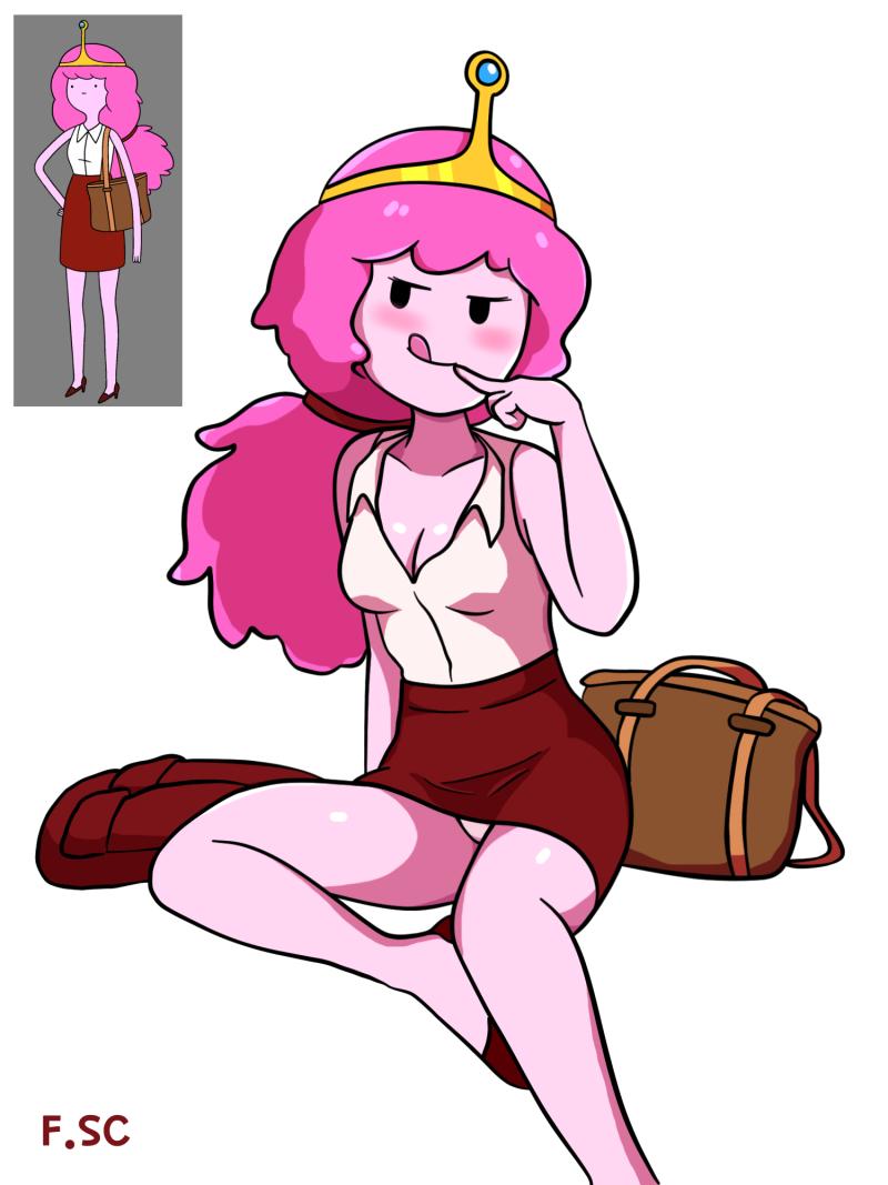 2023 adventure_time blush crown female female_focus female_only fizzyspidercider flat_shoes legs legs_open miniskirt mob_face panties pink_hair pink_skin princess_bubblegum red_skirt solo_female tagme white_shirt