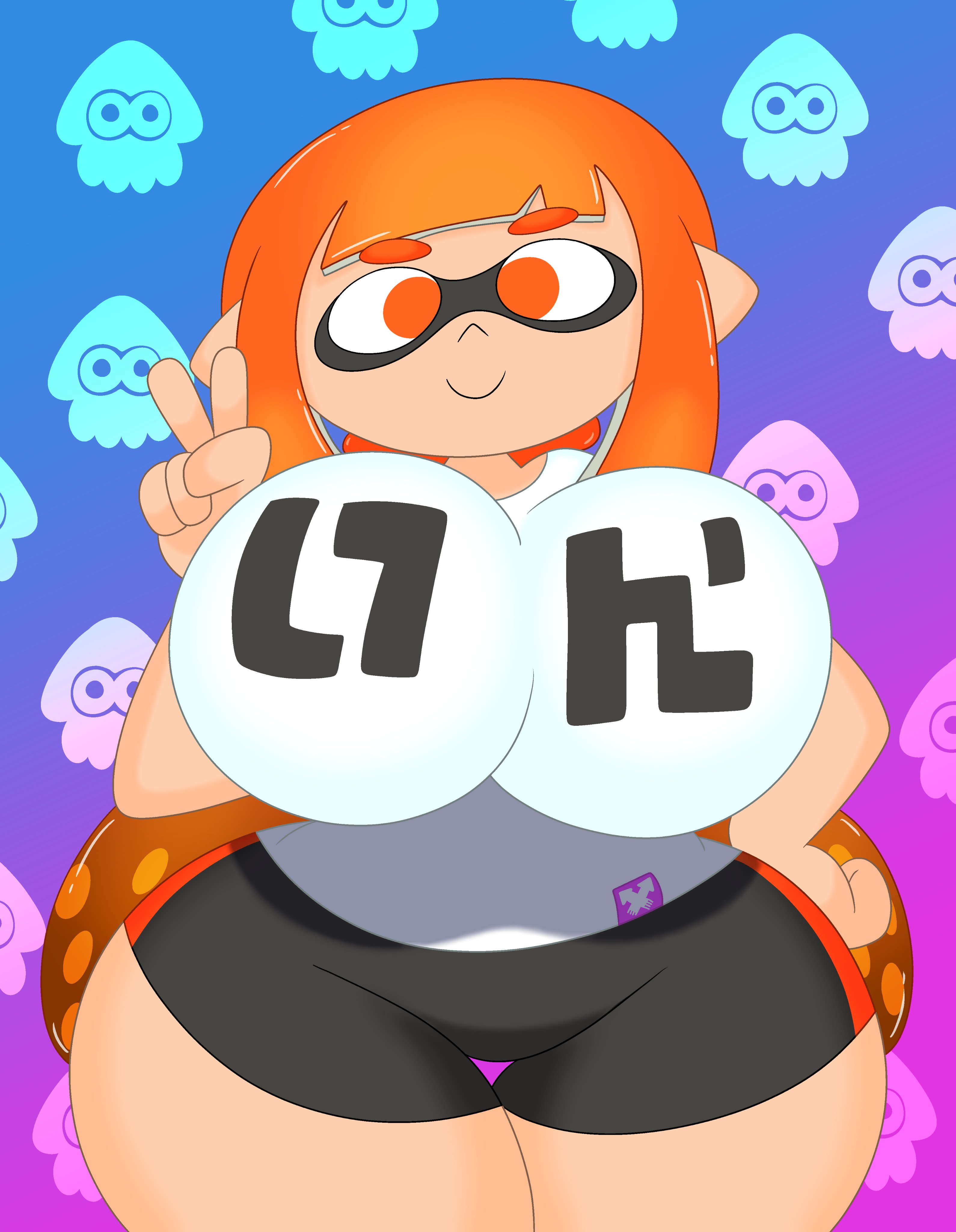 1girls, 3barts, animal humanoid, anthro, big breasts, breasts, cephalopod, cephalopod humanoid, female, huge breasts, humanoid, inkling, inkling girl, kaori (splatoon), mask (marking), nintendo, orange eyes, orange hair, pointy ears, pseudo hair, short shorts, splatoon, splatoon (series), squid, tentacle, tentacle hair, thick hips, thick thighs, thigh gap