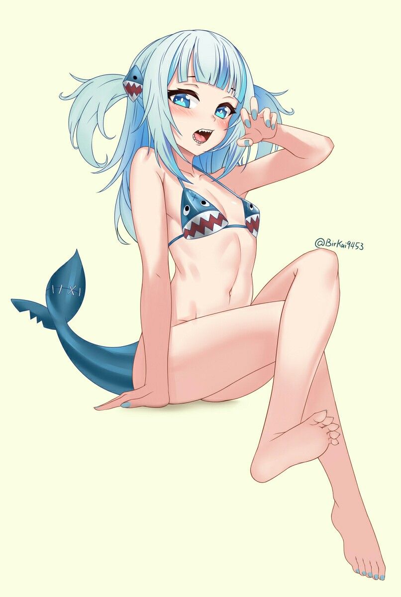 belly button, bikini, birkai, blue eyes, breasts, female, flat chest, gawr gura, hololive, hololive english, hololive myth, legs crossed, looking at viewer, midriff, navel, pigtails, shark, sitting, small breasts, swimsuit, tail, twintails, virtual youtuber, white hair