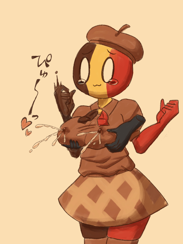 1boy 1girls :3 belgium_(countryhumans) beret big_breasts breast_grab brown_clothing clothing cocomooooochi collared_shirt countryhumans countryhumans_girl disembodied_hands erect_nipples_under_clothes female grabbing_breasts grabbing_from_behind hat heart lactation lactation_through_clothes simple_background skirt standing tears tears_in_eyes