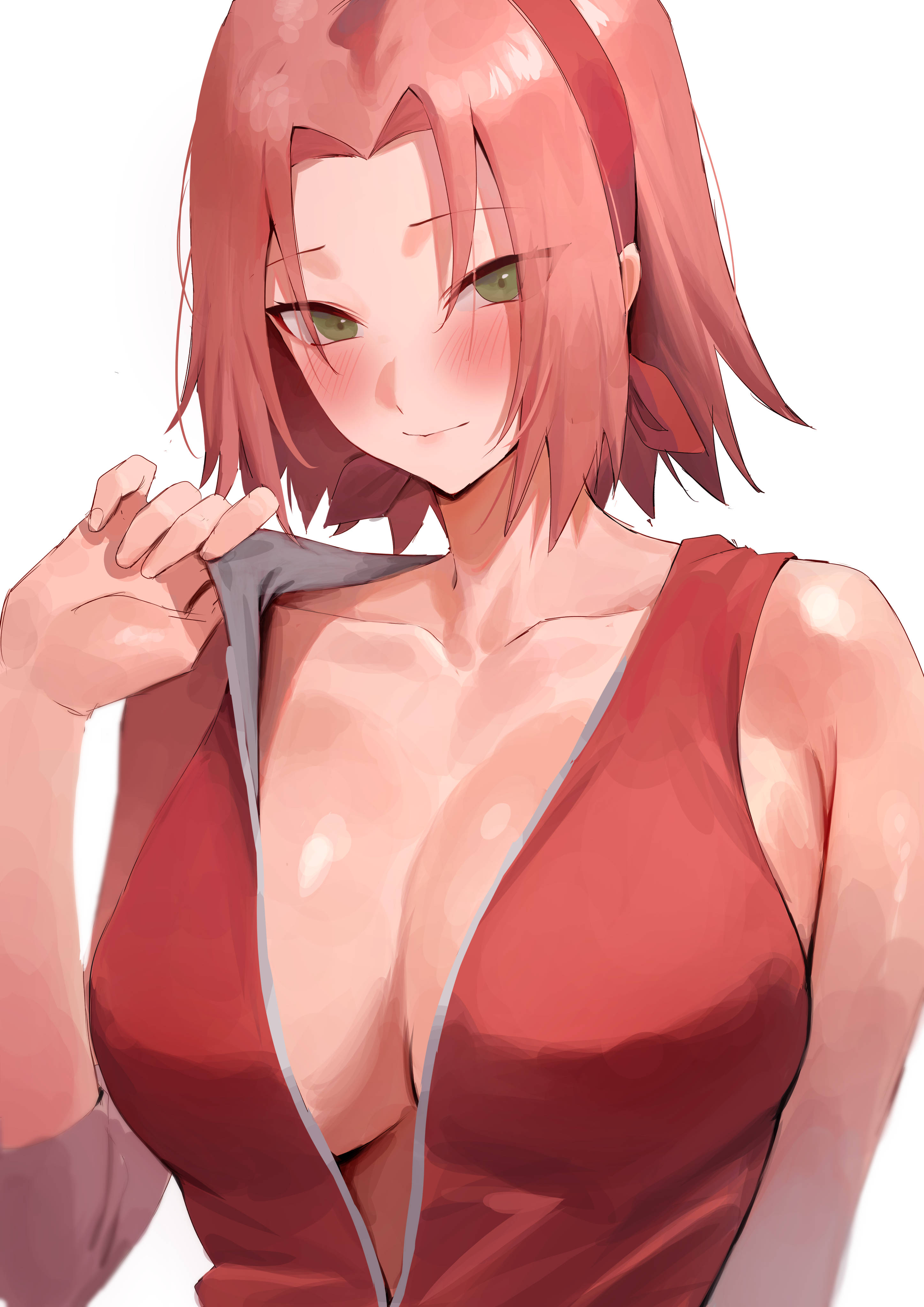 1girls, absurdres, blush, breasts, cleavage, collarbone, female, female only, gloves, green eyes, headband, highres, human, large breasts, looking at viewer, naruto, naruto (series), naruto shippuden, no bra, open clothes, open shirt, rororo, sakura haruno, short hair, sleeveless, smile, solo, sweat, undressing, upper body