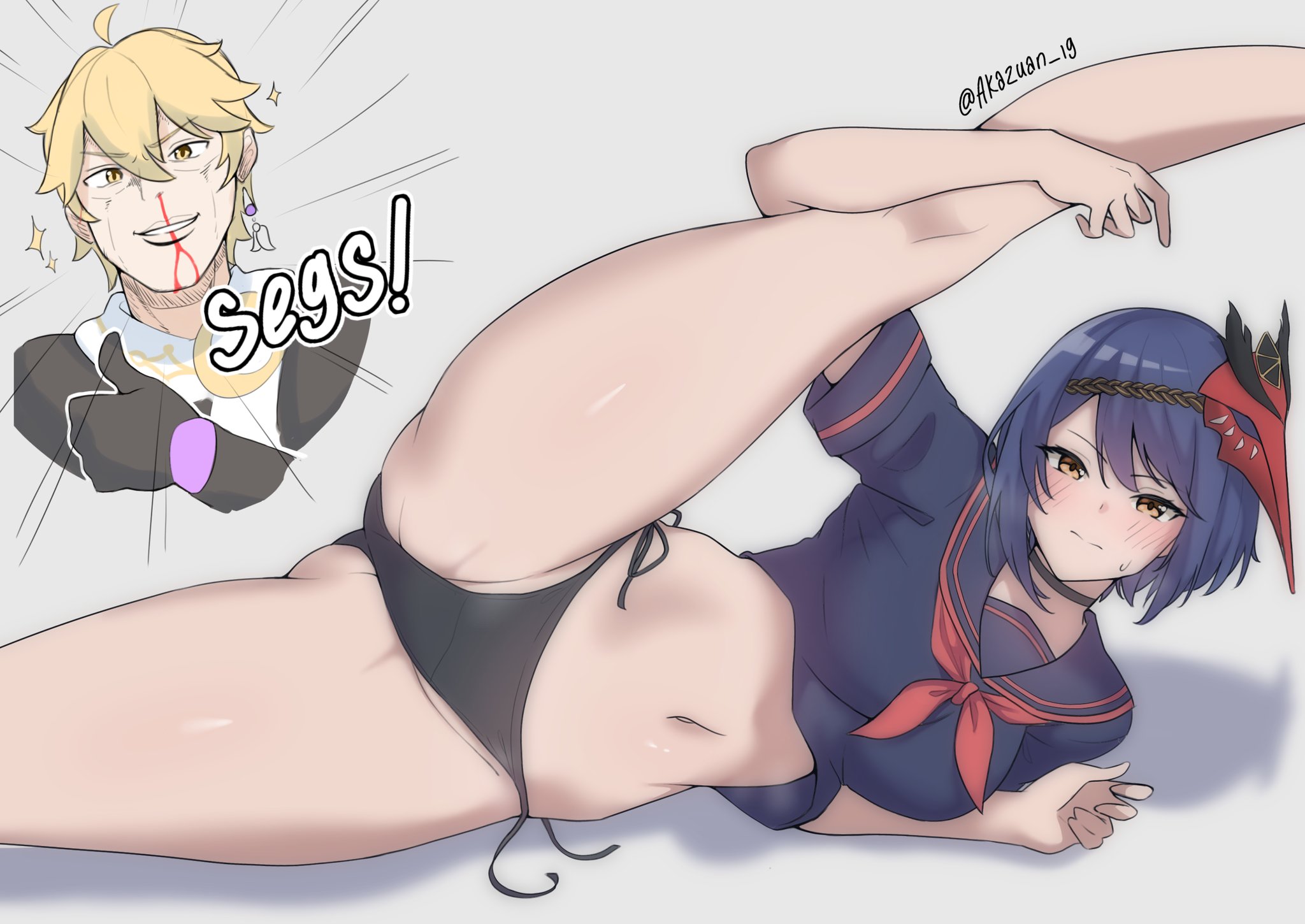 1boy, 1girls, aether (genshin impact), akazuan 19, color, drawing, female, flexing, genshin impact, imminent sex, kujou sara, male, purple hair, short hair, thumbs up