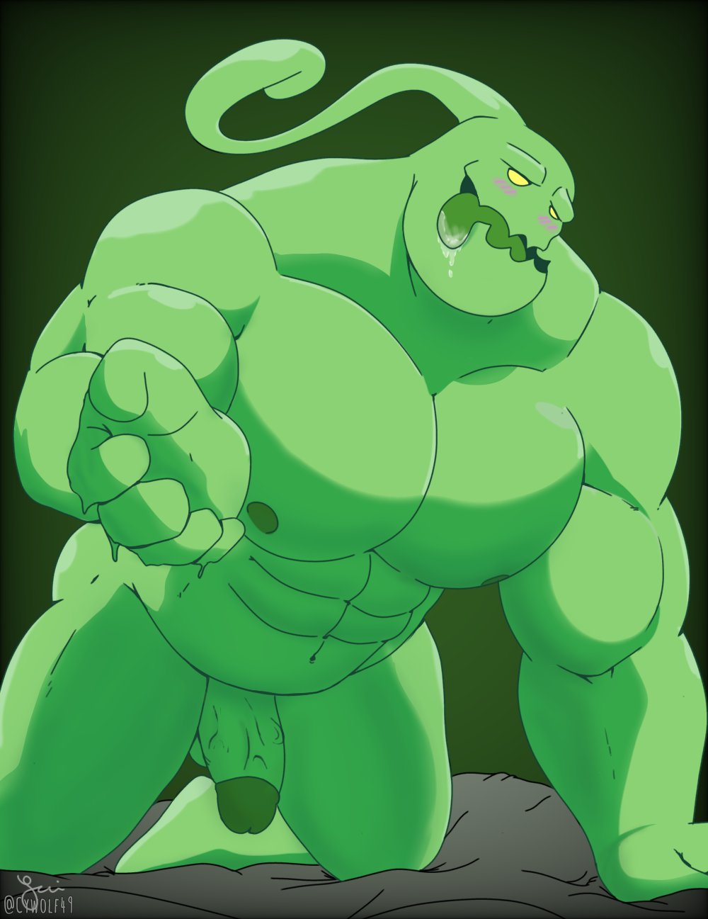 5_fingers abs anthro belly biceps big_penis bodily_fluids breath cywolf49 fingers genitals goo_creature green_goo green_penis green_slime hi_res huge_cock humanoid league_of_legends male male/male male_only muscular muscular_male nipples penis riot_games solo yellow_eyes zac