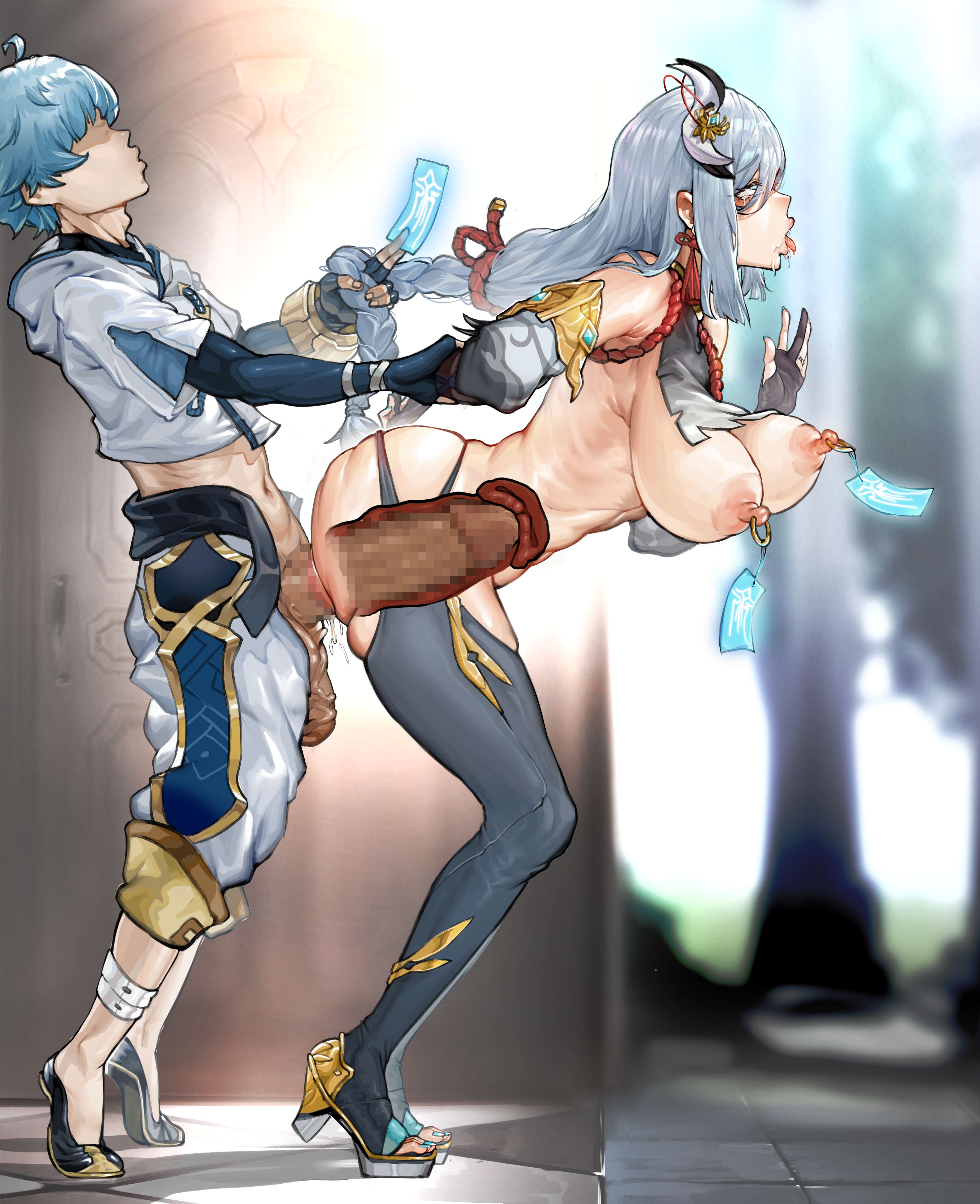 1boy, 1girls, areolae, aunt, aunt and nephew, big breasts, big penis, breasts, censored, censored penis, chongyun (genshin impact), female, genshin impact, hair over one eye, huge breasts, huge cock, hvvt, incest, large breasts, large penis, licking, licking penis, male, nipples, penetration, penis, penis lick, pussy, sex, shenhe (genshin impact), small but hung, small dom big sub, standing, standing sex, stomach bulge, thick thighs, thighs, vagina, vaginal insertion, vaginal penetration, vaginal sex, x-ray