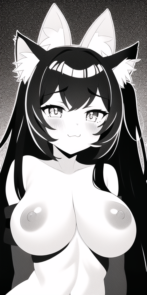 1girls :3 ai_generated areola areolae black_hair breasts cat_ears catgirl line_art long_hair looking_at_viewer medium_breasts monochrome nai_diffusion nekomimi nipples shiny_eyes stable_diffusion