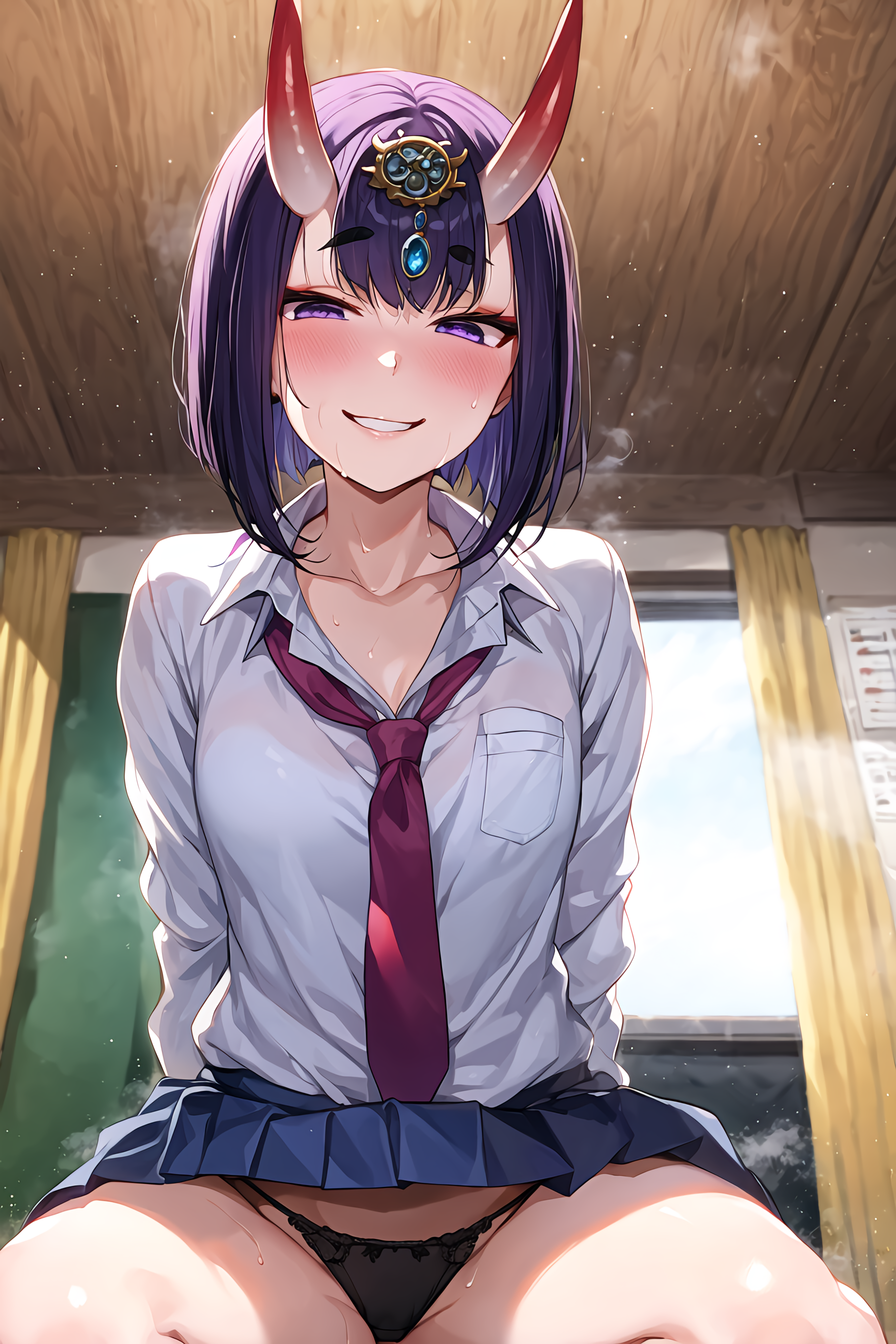 1girls, 2023, ai generated, alternate breast size, anime nose, breasts, demon, demon girl, fate (series), fate/grand order, female, high resolution, horned female, horned humanoid, horns, large breasts, light skin, light-skinned female, looking at viewer, oni, oni horns, purple eyes, purple hair, school uniform, schoolgirl, short hair, shuten douji (fate), smile, stable diffusion, thick thighs, thighs