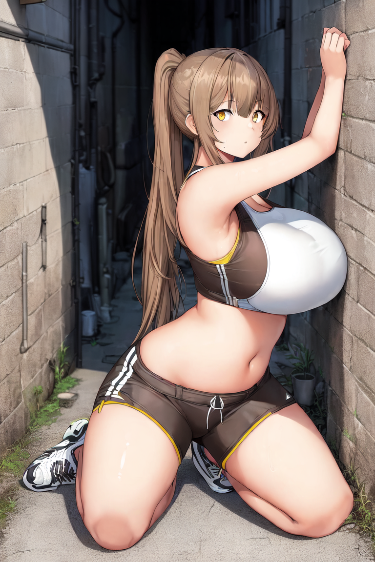 ai_generated amagi_brilliant_park back_alley belly belly_button breasts breasts_against_wall brown_hair crop_top giant_breasts gym_shorts gym_uniform hands_on_wall hands_over_head holaraai huge_breasts kneeling light_brown_hair light_hair light_skin looking_at_viewer massive_breasts navel on_knees outside public public_exposure sento_isuzu sneakers sports_bra sportswear tank_top thick_thighs thighs yellow_eyes