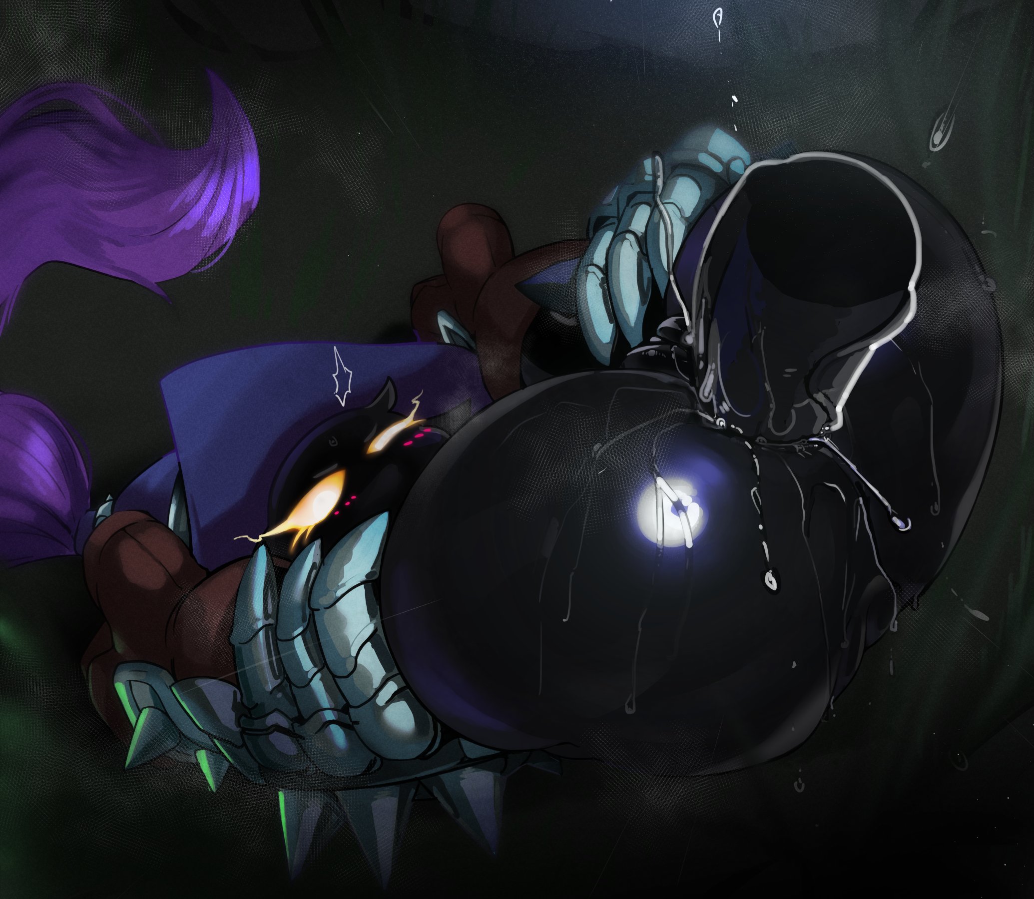 1boy, 1girls, anal sex, anus, ass, ass up, blush, female, hat, league of legends, looking at viewer, male, mdthetest, partially clothed, presenting, pussy, sex, veigar, yellow eyes