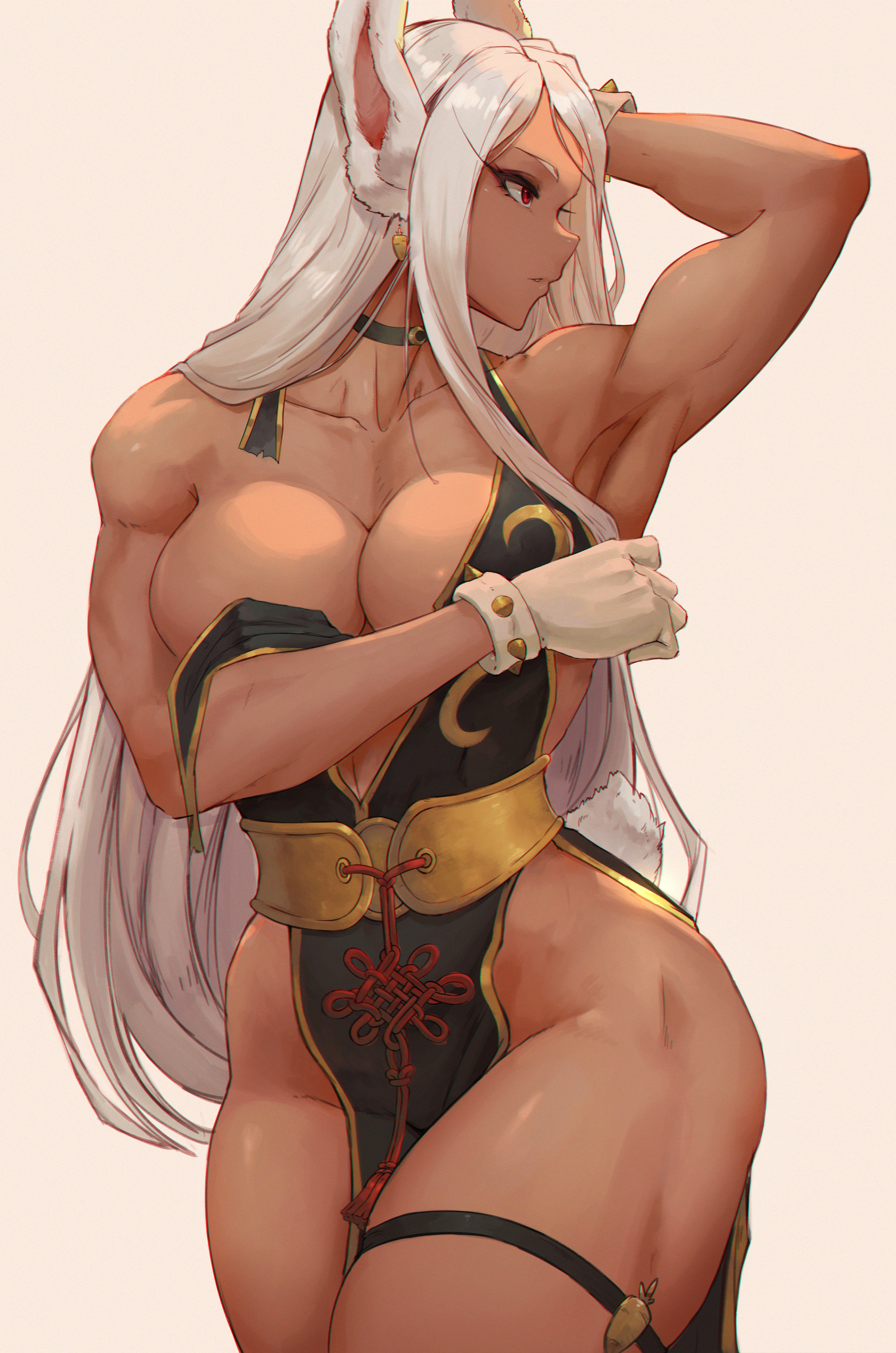 1girls, absurd res, absurdres, animal ears, big breasts, breasts, brown skin, capcom, chun-li (battle ouffit sfv) (cosplay), chun-li (cosplay), cleavage, cosplay, crossover cosplay, cutesexyrobutts (style), dark skin, dark-skinned female, female, female only, fit, fit female, hi res, high resolution, highres, hips, huge breasts, large breasts, lesottart, long ears, long hair, massive breasts, miruko, muscular, muscular female, my hero academia, outfit swap, rabbit ears, red eyes, rumi usagiyama, simple background, solo, solo female, street fighter, street fighter v, thick thighs, thighs, toned, toned female, white hair, wide hips
