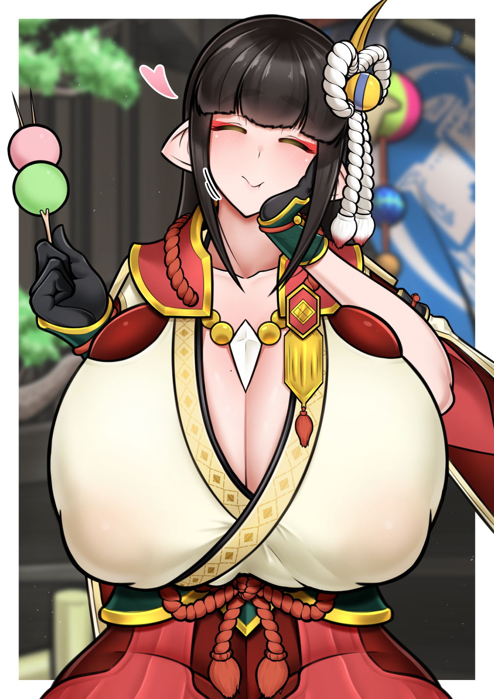 1girls big_breasts black_hair breasts busty cleavage curvaceous curvy curvy_body curvy_female curvy_figure female gorio hinoa huge_breasts large_breasts monster_hunter monster_hunter_rise nipples nipples_visible_through_clothing pointy_ears voluptuous wyverian