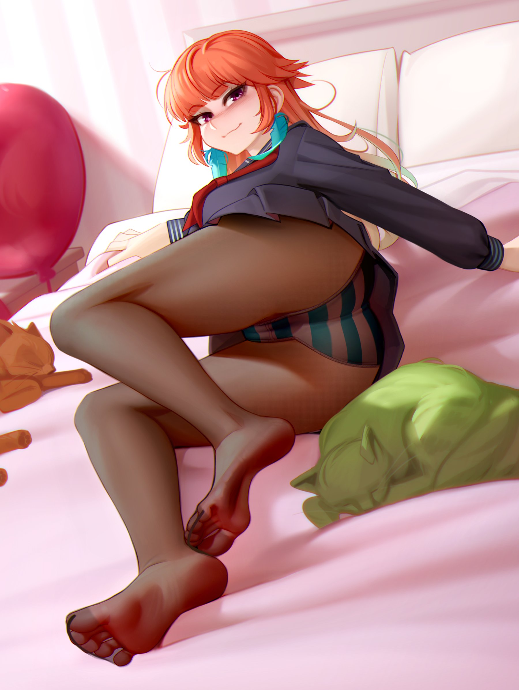 1girls, ass, breasts, bubble ass, bubble butt, feet, feet in stockings, feet visible through clothing, female, foot fetish, hololive, hololive english, hololive myth, kairuhentai, kairunoburogu, large ass, large breasts, light skin, light-skinned female, long hair, long legs, looking at viewer, on side, orange hair, panties, pantyhose, school uniform, schoolgirl, skirt, smile, solo, striped panties, takanashi kiara, virtual youtuber, vtuber, youtuber