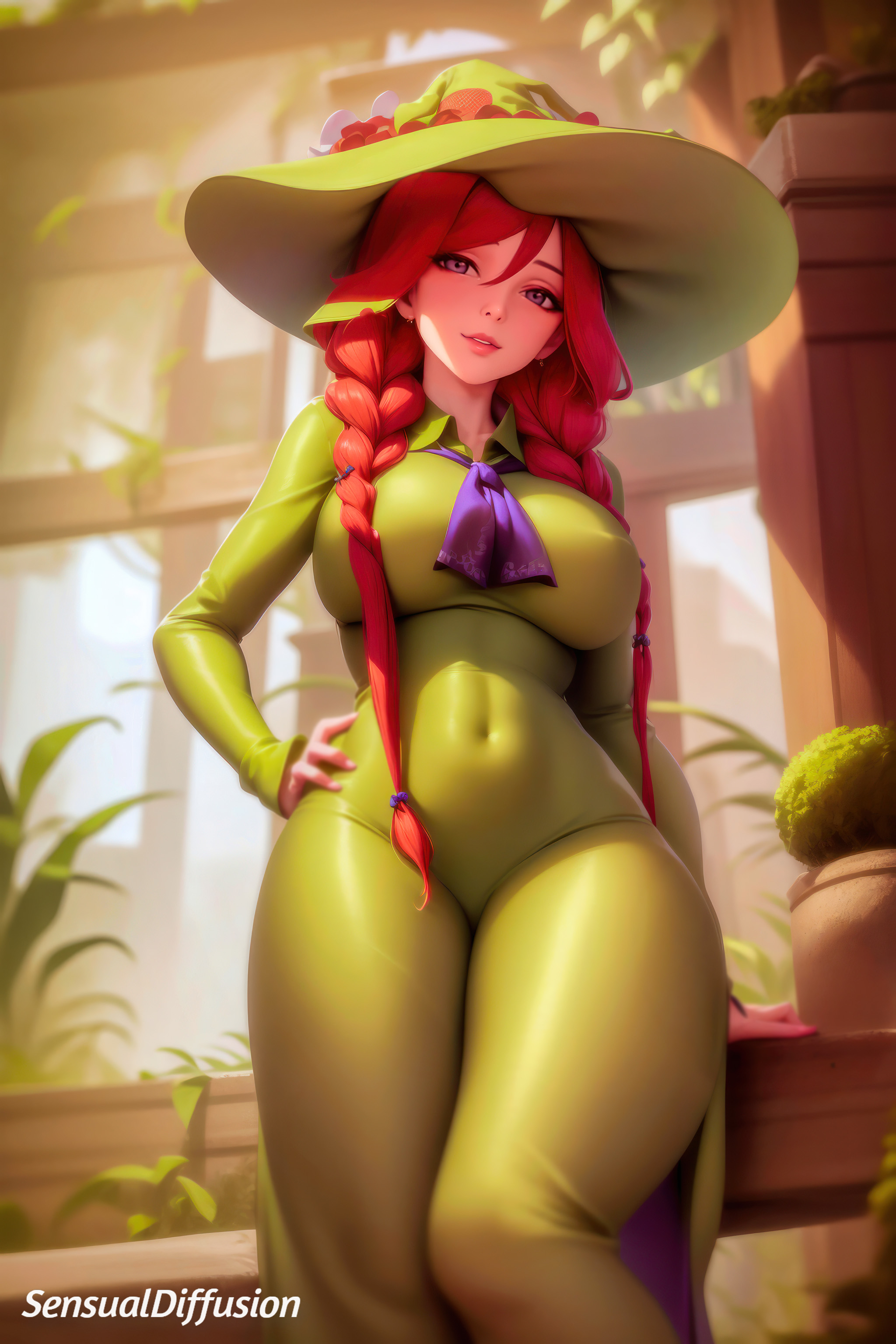 1girls, ai generated, blue eyes, breasts, curvy, fanart, female, green dress, harry potter, hogwarts legacy, large breasts, looking at viewer, mirabel garlick, parted lips, pinup, plant, red hair, stable diffusion, tight clothing, twin braids, video games, witch (harry potter), witch hat
