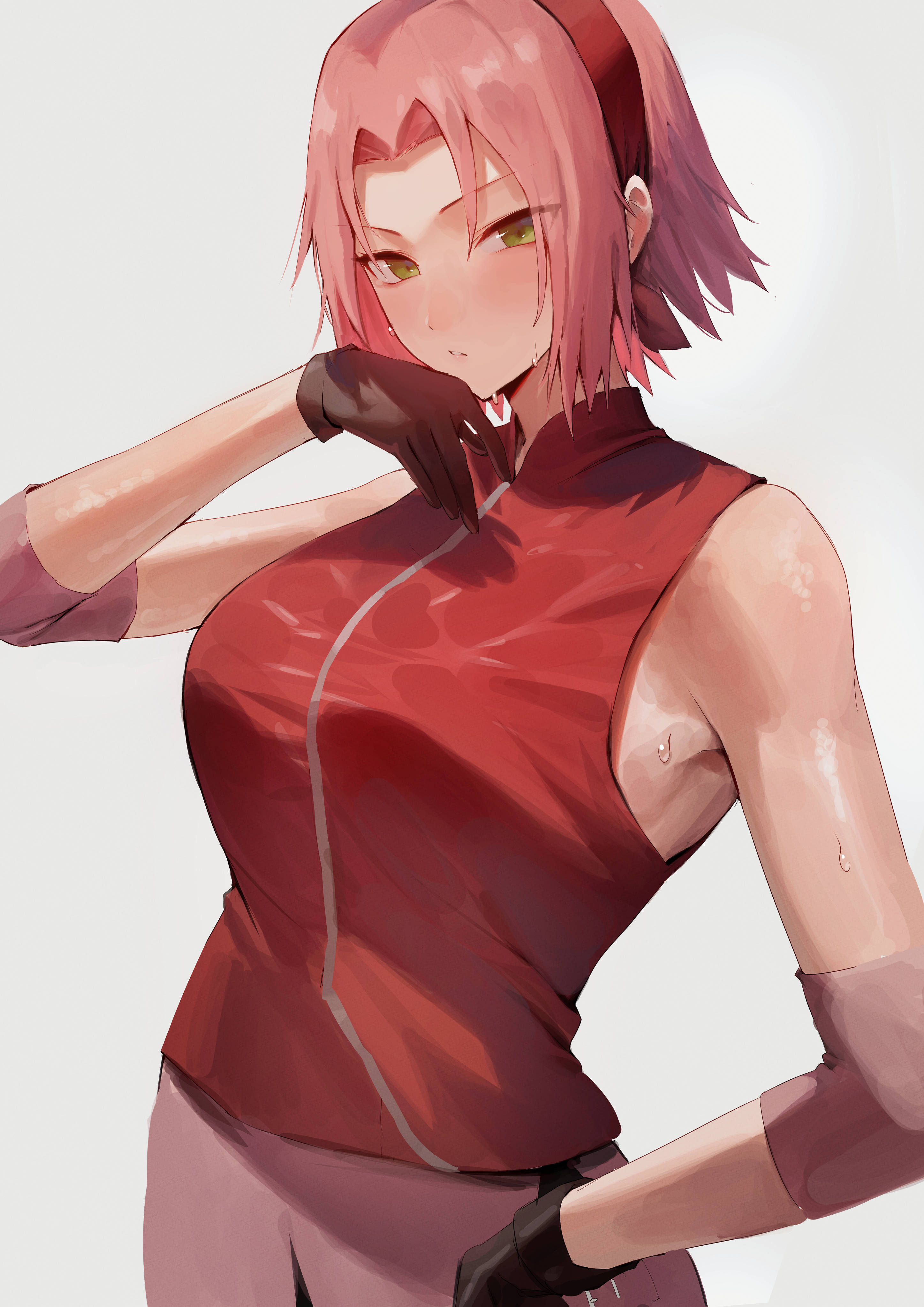 1girls, absurdres, blush, breasts, female, female only, fully clothed, gloves, green eyes, headband, highres, looking at viewer, naruto, naruto (series), naruto shippuden, rororo, sakura haruno, short hair, sleeveless, solo, sweat