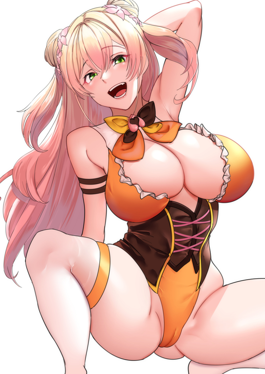 1girls, arm band, armpits, arms behind back, arms behind head, armwear, ass, blonde hair, bowtie, breasts, cameltoe, female, flower in hair, frills, gradient hair, green eyes, hair bun, hololive, hololive gen 5, hololive japan, large breasts, long hair, momosuzu nene, open mouth, orange leotard, partially clothed, pussy, ribbon, ribbons, scantily clad, squatting, thick ass, thick thighs, virtual youtuber, white legwear, white thighhighs, wide hips, おしゃけ