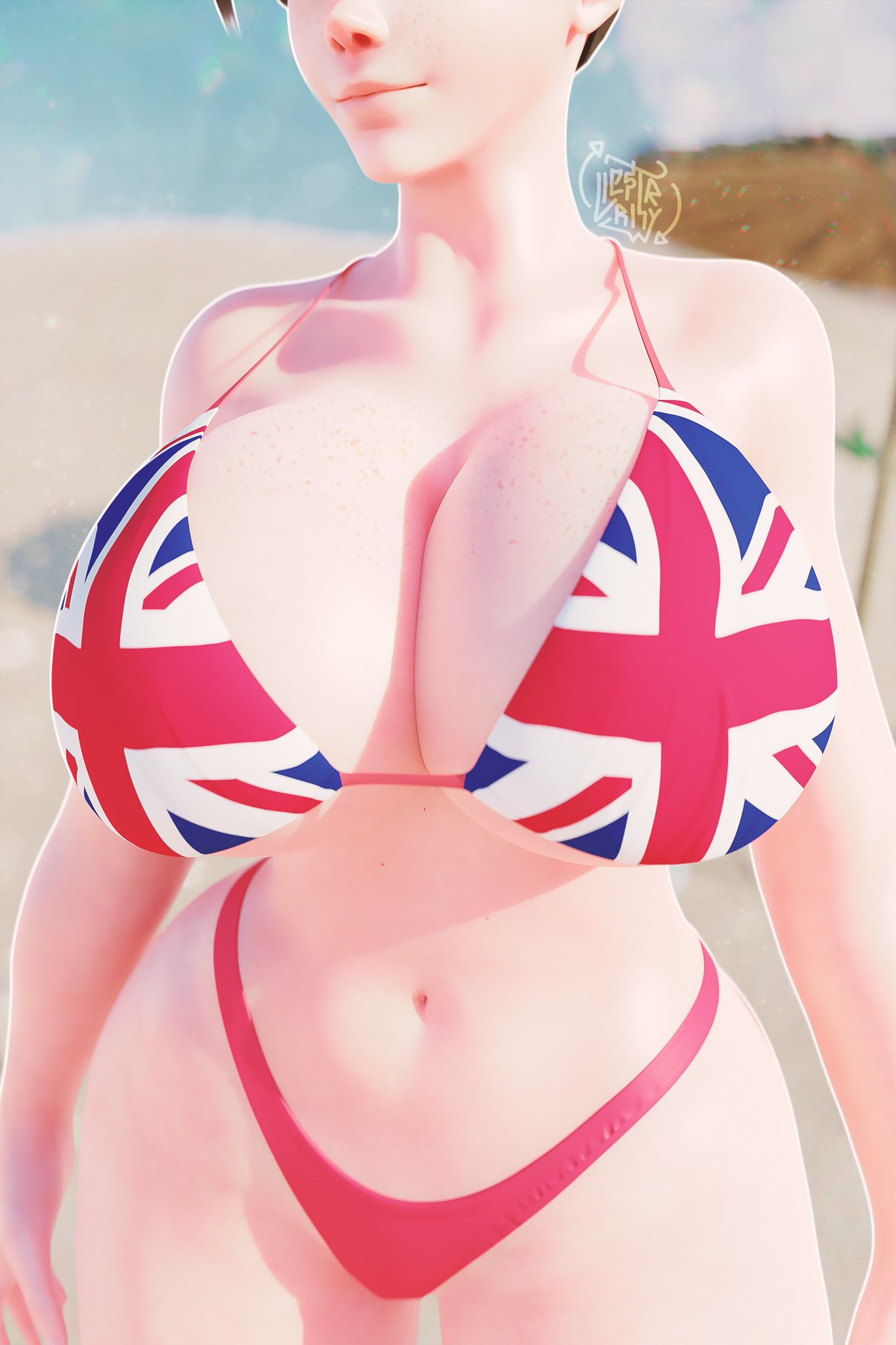 1girls 2022 3d artist_name beach big_breasts bikini blender blizzard_entertainment breasts breasts_bigger_than_head british_flag cleavage female female_only freckles freckles_on_breasts huge_breasts navel outdoors outside overwatch overwatch_2 pale-skinned_female pale_skin rhywlad solo solo_female standing tracer union_jack union_jack_bikini union_jack_tracer wide_hips