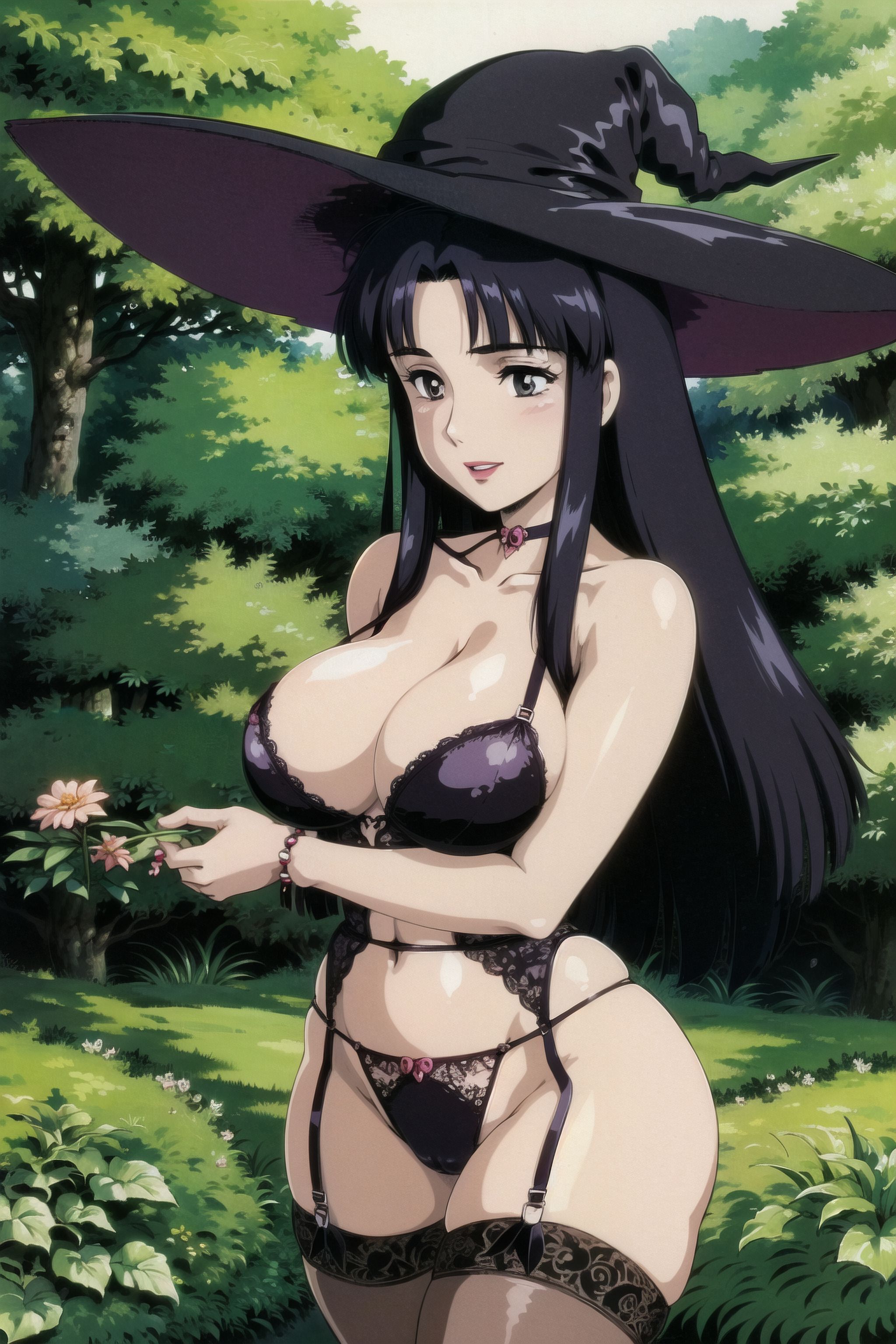 ai generated, black eyes, black hair, breasts, clothing, female, female only, flower, hat, headwear, high resolution, large breasts, legwear, lingerie, mature, mature female, retromage, solo, underwear, very high resolution, witch, witch hat