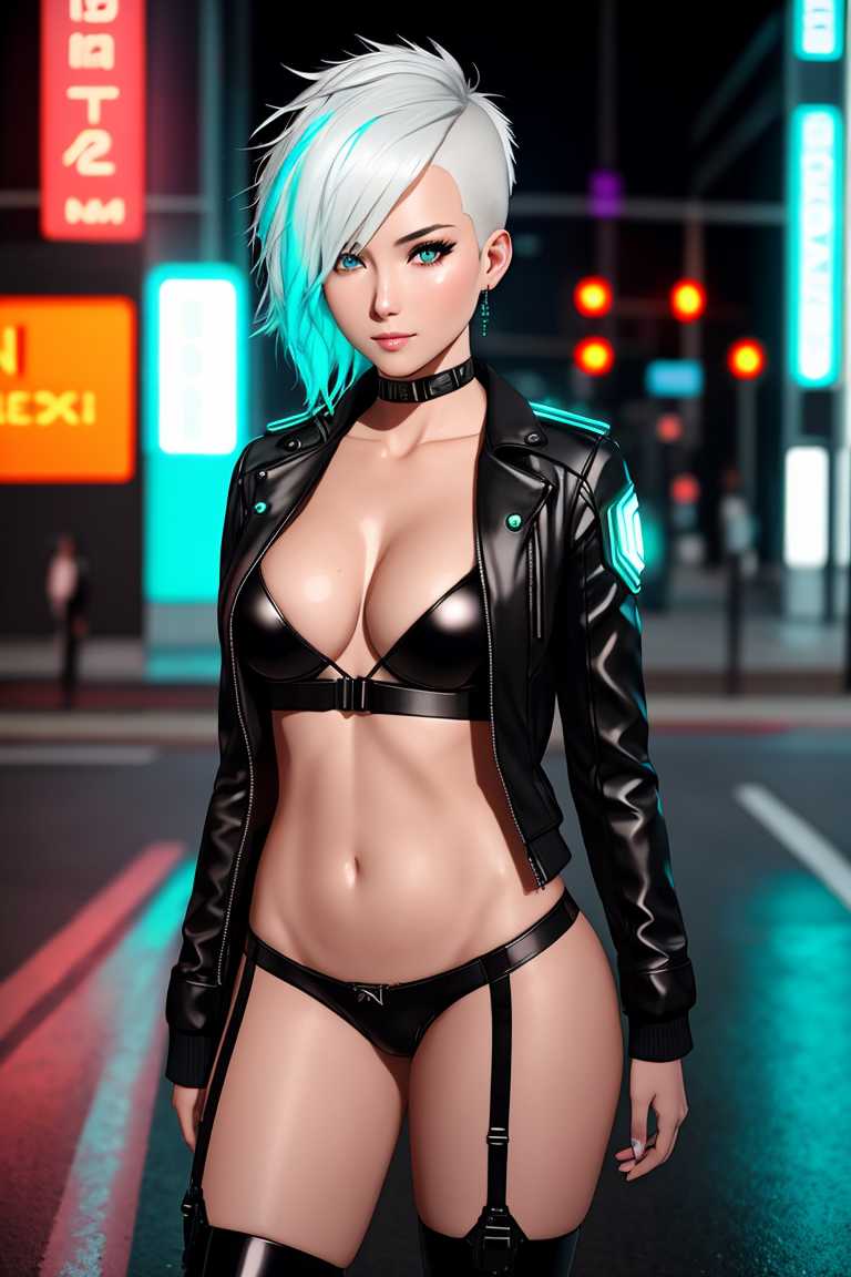 1girls ai_generated asymmetrical_hair bikini black_bikini black_jacket black_legwear breasts female female_only hi-fi_rush jacket latex_bikini latex_jacket navel non-web_source original peppermint_(hi-fi_rush) photorealistic realistic short_hair solo tagme video_game