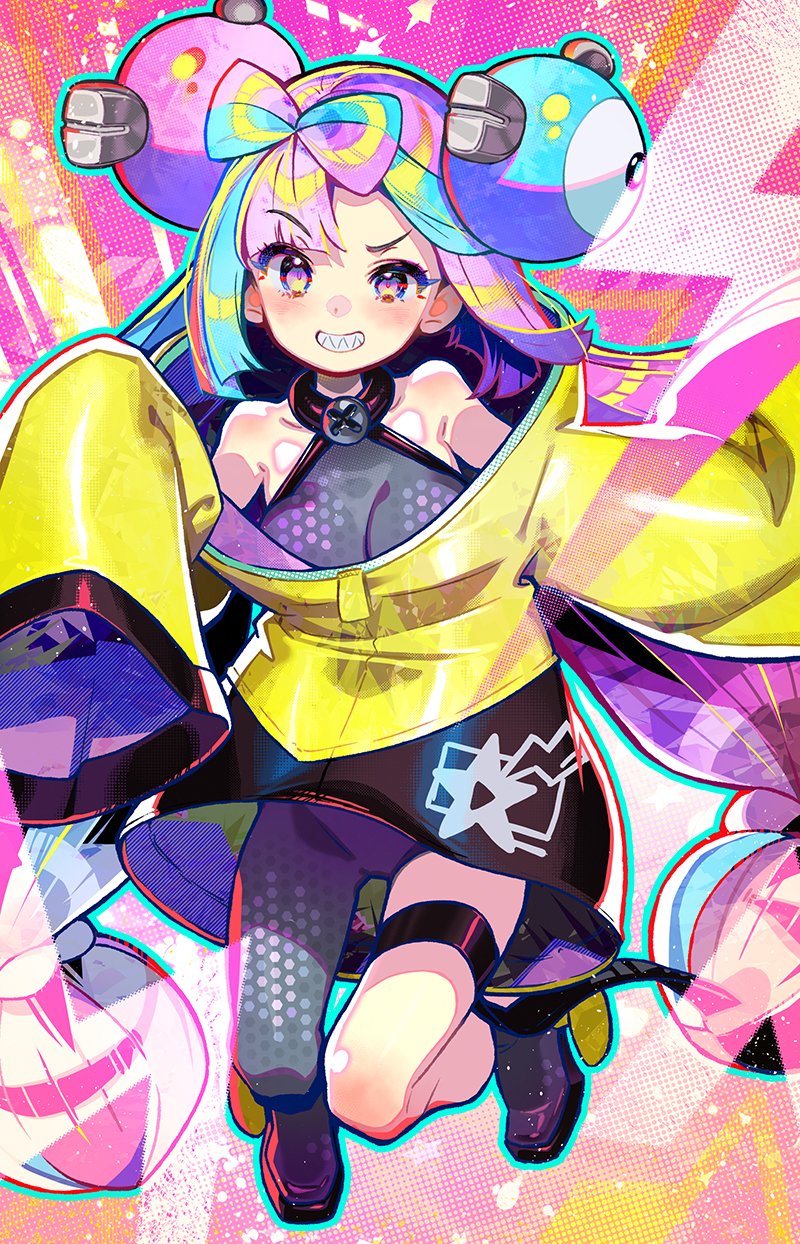 abstract_background big_breasts blue_hair breasts clothed clothing female hair_ornament himehajime human human_only iono_(pokemon) long_hair long_sleeves multicolored_hair oversized_clothes pink_hair pokemon pokemon_sv sfw shaded sharp_teeth shoes solo tagme yellow_jacket