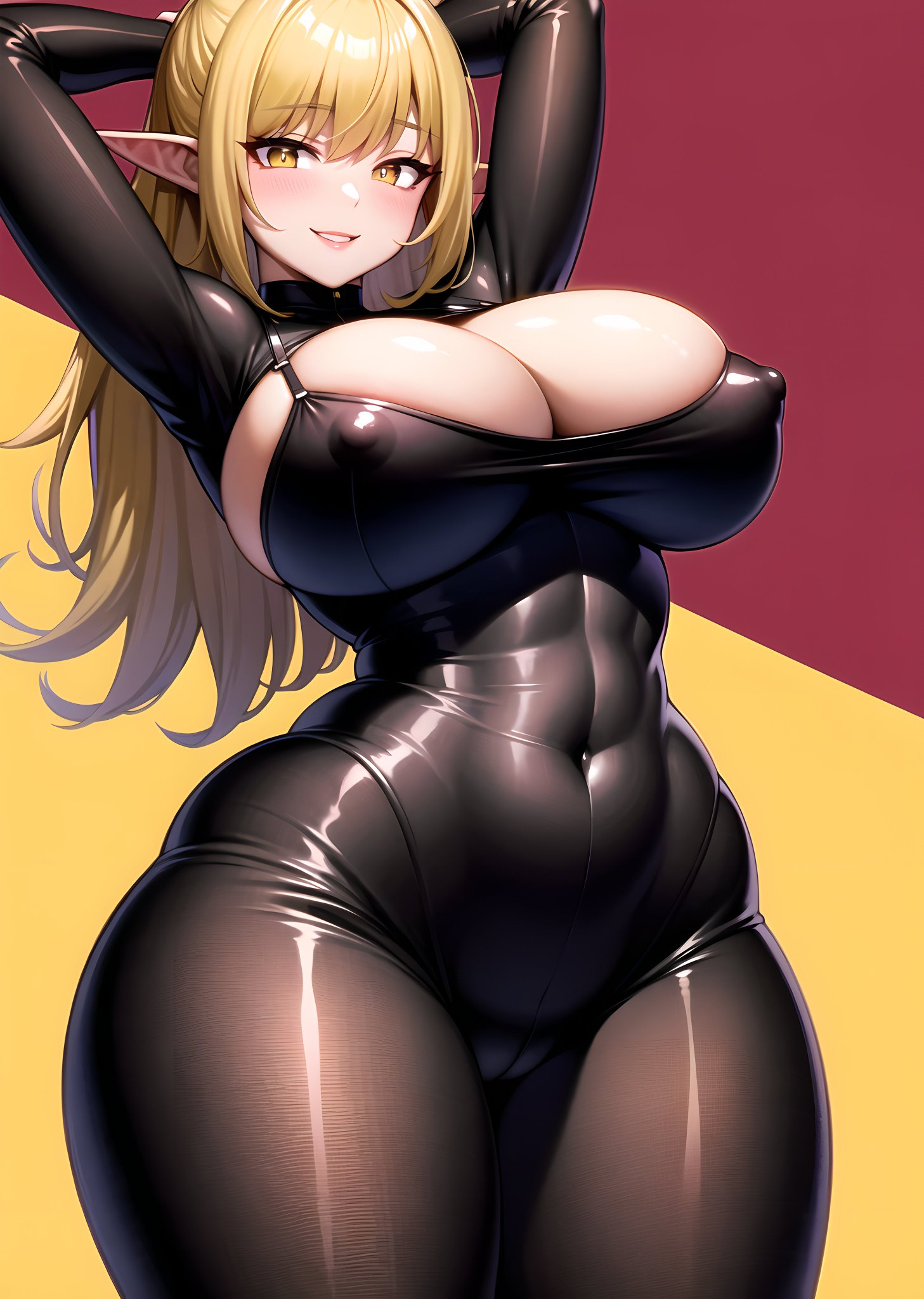 1girls, ai generated, arms behind back, arms up, blonde hair, curvaceous, curvy, curvy body, curvy female, curvy figure, elf, erect nipples, erect nipples under clothes, female, high resolution, highres, latex, latex suit, long hair, looking at viewer, nipple bulge, nipples, seductive look, skin tight, stable diffusion