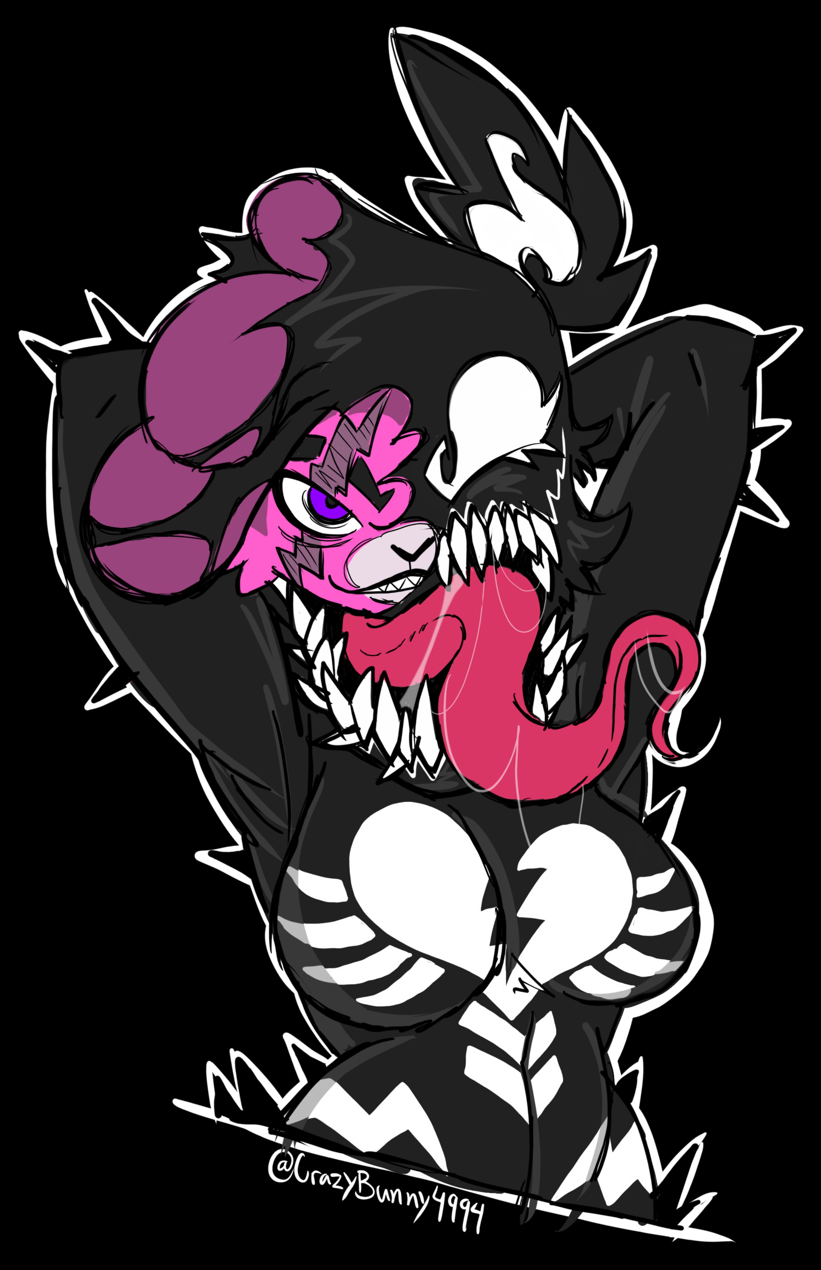 1girls, 2023, anthro, anthro only, breasts, christomwow, crossover, cuddle team leader, female, female only, fortnite, goo, goo creature, hands behind head, long tongue, looking at viewer, marvel, marvel comics, pink body, purple eyes, purple sclera, sharp teeth, solo, spider-man (series), symbiote, transformation, venom (marvel)
