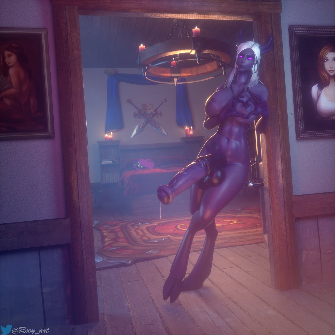 1futa, 3d, abs, animal genitalia on humanoid, athletic, athletic futa, balls, big balls, big breasts, big penis, breasts, busty, curvy, curvy body, curvy figure, daalky (reey art), dark skin, dark-skinned futa, draenei, futa only, futanari, heart, horse penis, horsecock, horsecock futa, horsecock on humanoid, huge balls, huge cock, intersex, leaking, leaking precum, legs, looking at viewer, monster cock, nipples, oiled, oiled body, oiled skin, penis, pink eyes, precum, purple eyes, purple skin, reey art, shiny, shiny skin, solo, thighs, veiny penis, warcraft, white hair, world of warcraft, wow
