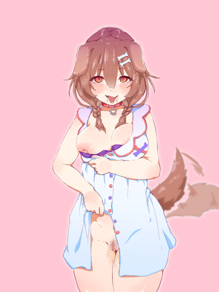 1girls, blush, bone hair ornament, braided hair, breasts, brown eyes, brown hair, dog collar, dog ears, dog girl, dog tail, dripping, dripping pussy, drooling, female, hairy pussy, heart-shaped pupils, hololive, hololive gamers, hololive japan, horny, inugami korone, large breasts, lifting skirt, long hair, partially clothed, partially undressed, pussy, thick thighs, tongue, tongue out, unshaved pussy, virtual youtuber, wet pussy, white dress, まる