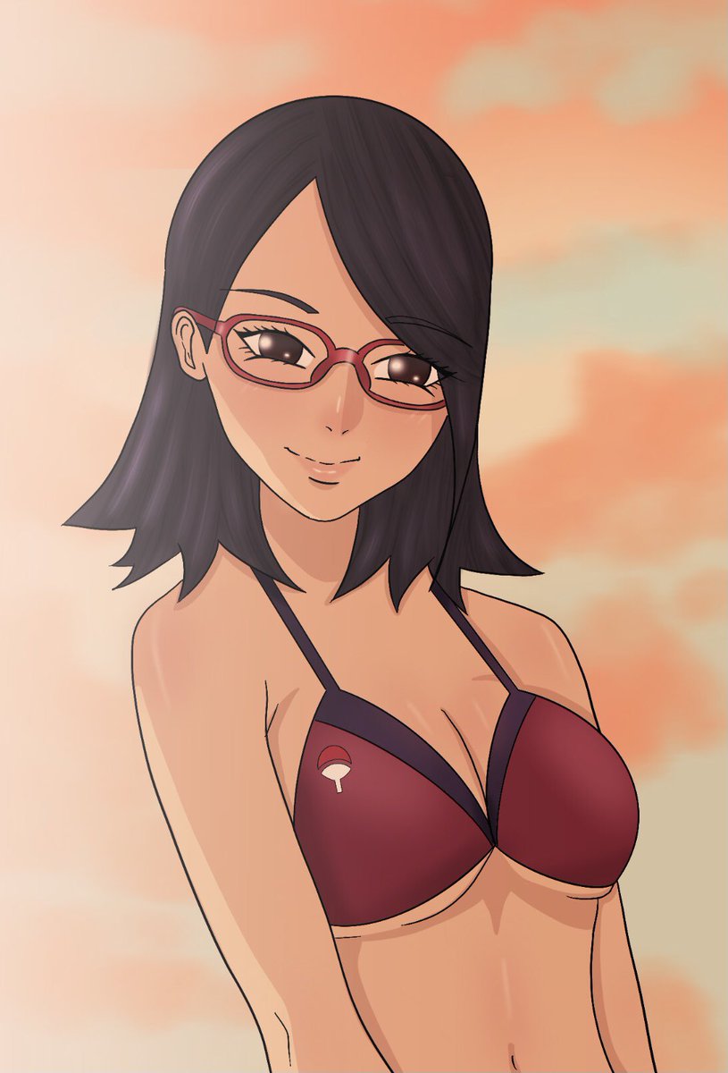 1girls adapted_costume aged_up alternate_breast_size alternate_hair_length artist_request big_breasts bikini bikini_top black_eyes black_hair blush boruto:_naruto_next_generations breasts cleavage dusk eyebrows eyebrows_visible_through_hair female female_only fully_clothed long_hair naruto naruto_(series) parted_bangs red-framed_glasses red_bikini revealing_clothes sarada_uchiha shoulder_length_hair smile solo sunlight sunset swimsuit teenage_girl teenager uchiha_symbol upper_body young younger_female