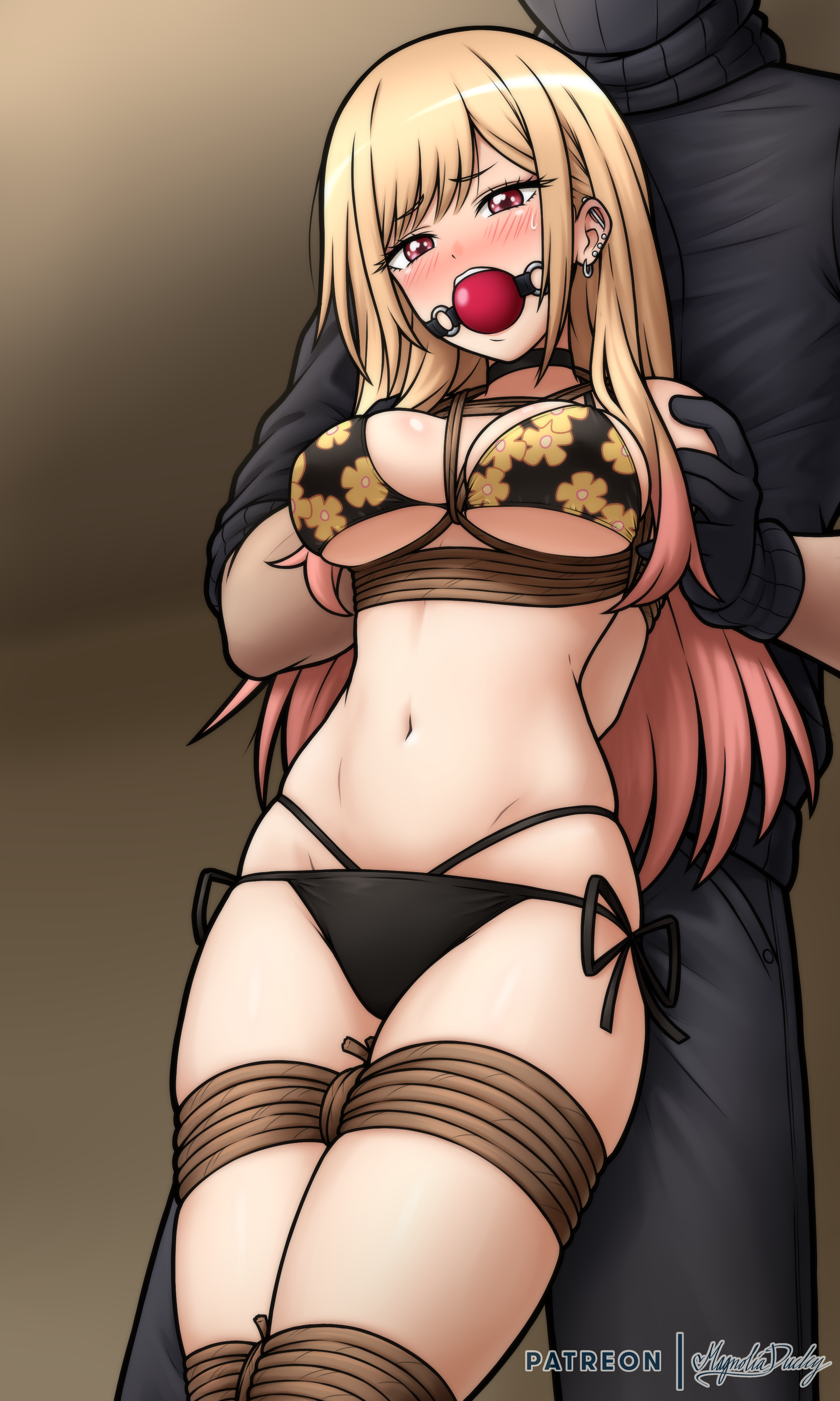 1boy, 1girls, ball gag, bikini, blonde hair, blush, bondage, bound, breasts, earrings, female, gag, gagged, gyaru, hi res, kitagawa marin, long hair, magnolia-baillon, male, red eyes, rope, rope bondage, sono bisque doll wa koi wo suru, swimsuit, tied, tied up