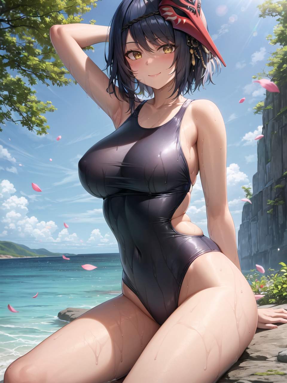 1girls, ai generated, curvaceous, curvy, curvy body, curvy female, curvy figure, female, genshin impact, hi res, high resolution, kujou sara, mihoyo, seductive look, swimsuit, yellow eyes