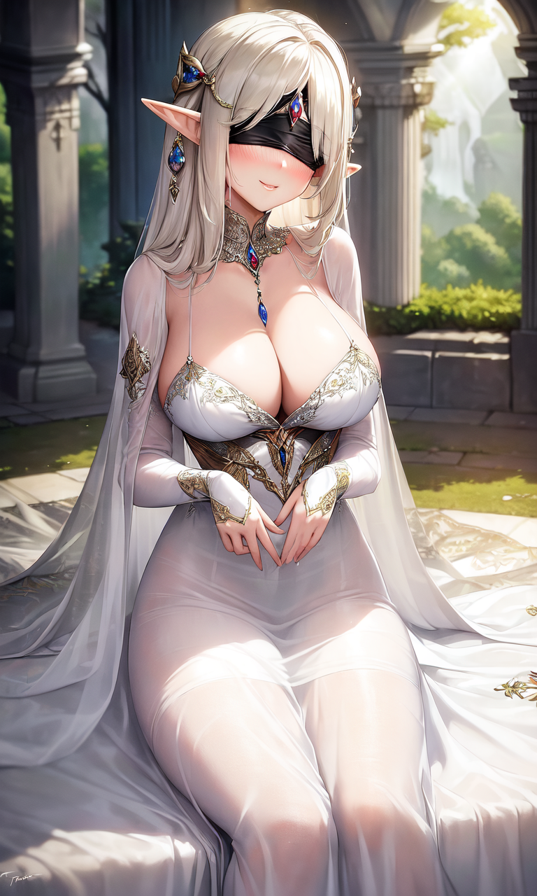 1girls, ai generated, big breasts, blonde hair, breasts, curvaceous, curvy body, curvy female, curvy figure, dress, elf, elf ears, elf female, female, highres, lingerie, long hair, looking at viewer, seductive look, stable diffusion