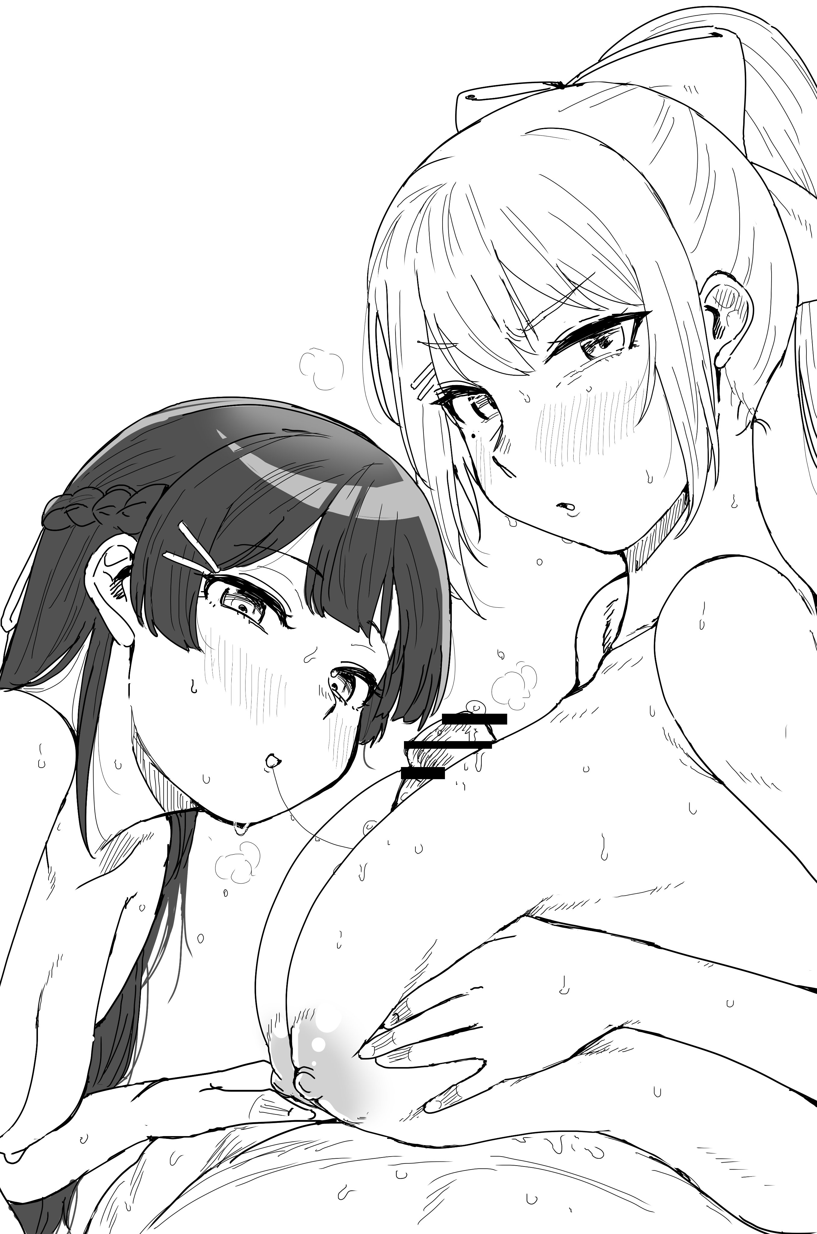 1boy, 2girls, alternate breast size, asian, asian female, big breasts, blush, breasts, drool string, fellatio through another's paizuri, female, greyscale, heavy breathing, higuchi kaede, kaiman garupan, large breasts, long hair, looking at viewer, male, nijisanji, nude, nude female, paizuri, paizuri lead by female, paizuri on lap, ponytail, pov, pov eye contact, pov paizuri, straight, sweat, tomboy, tsukino mito, virtual youtuber